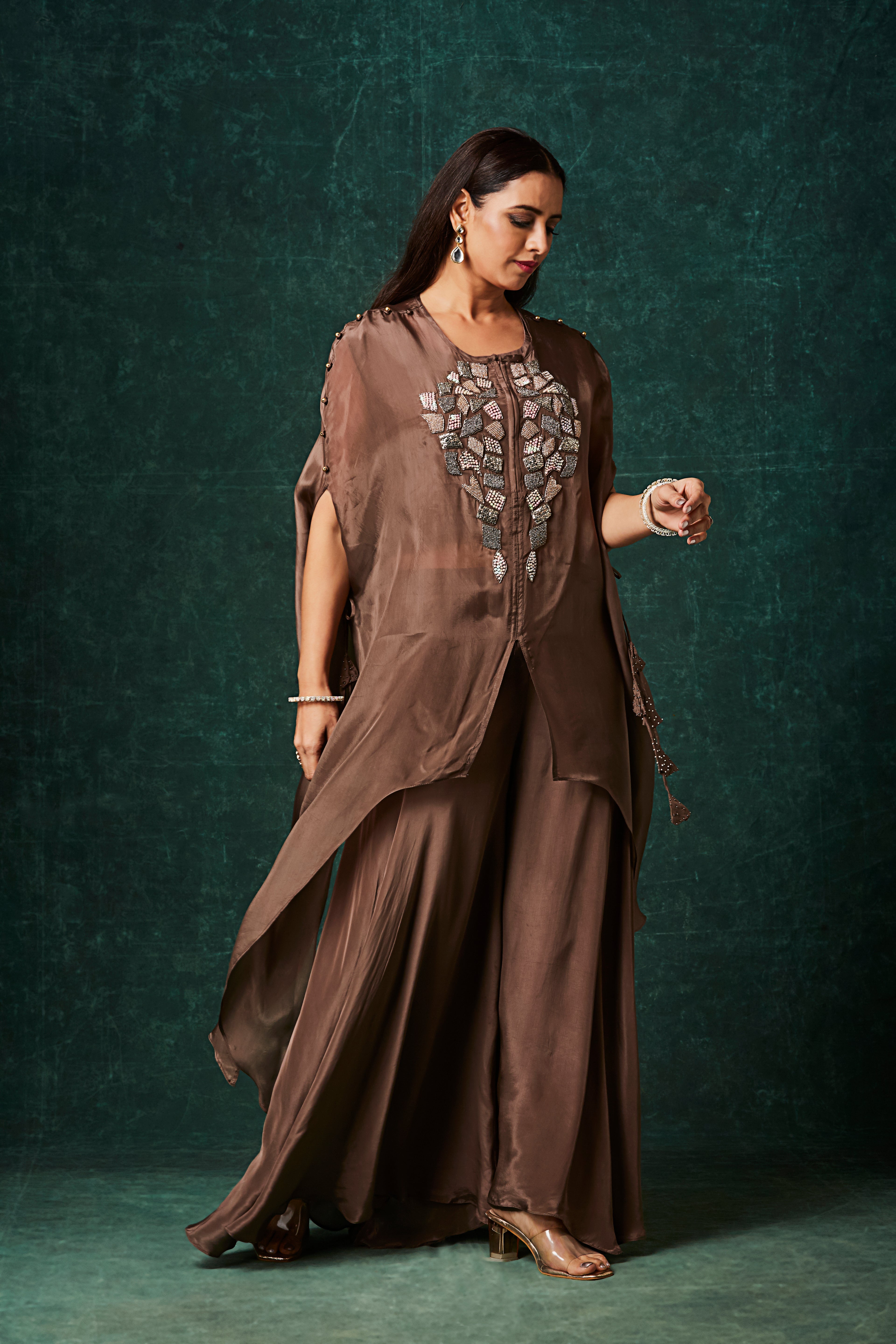 Dusty Coffee Brown Embellished Organza Silk Kaftan Set