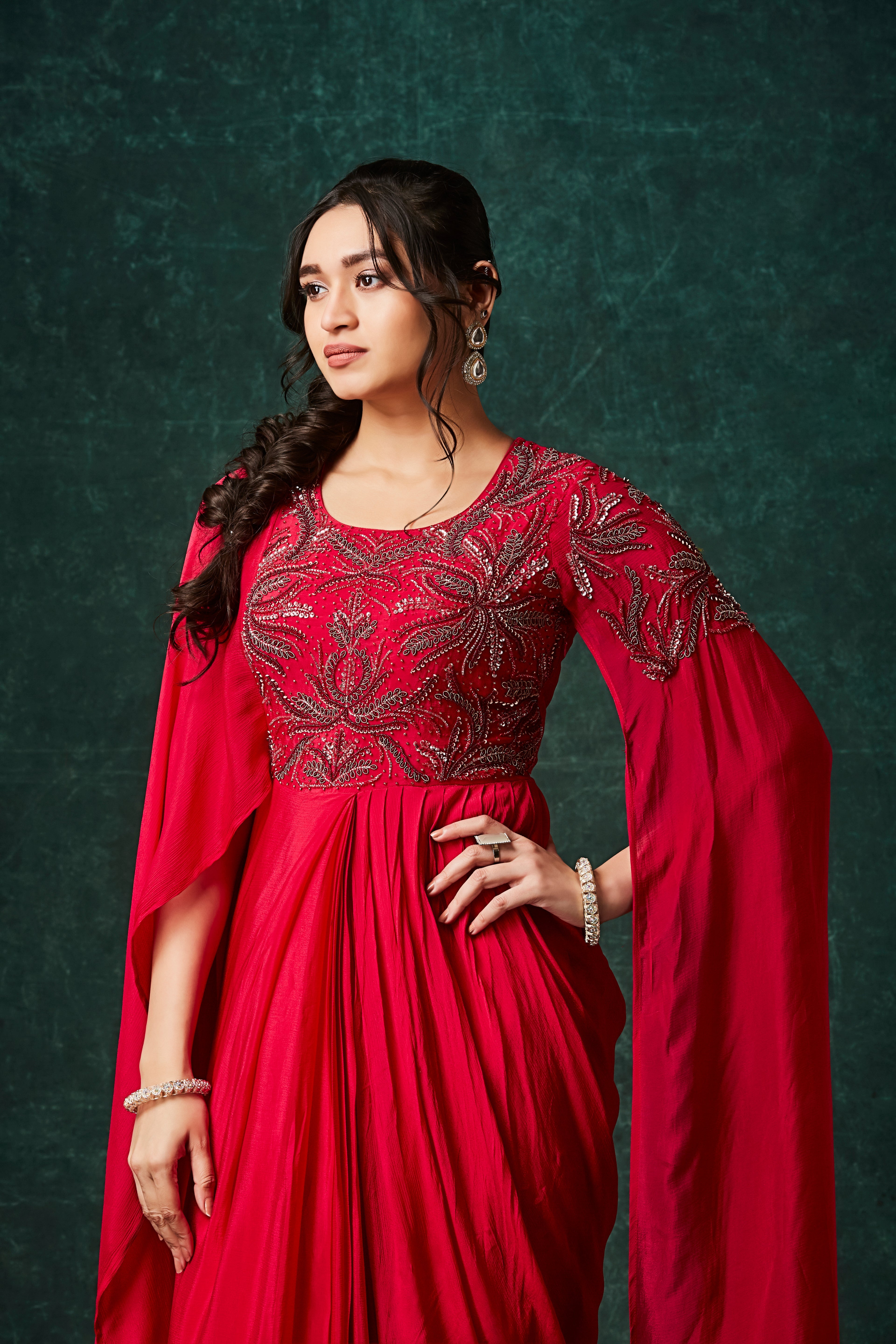 Ruby Red Embellished Chinon Silk Gown