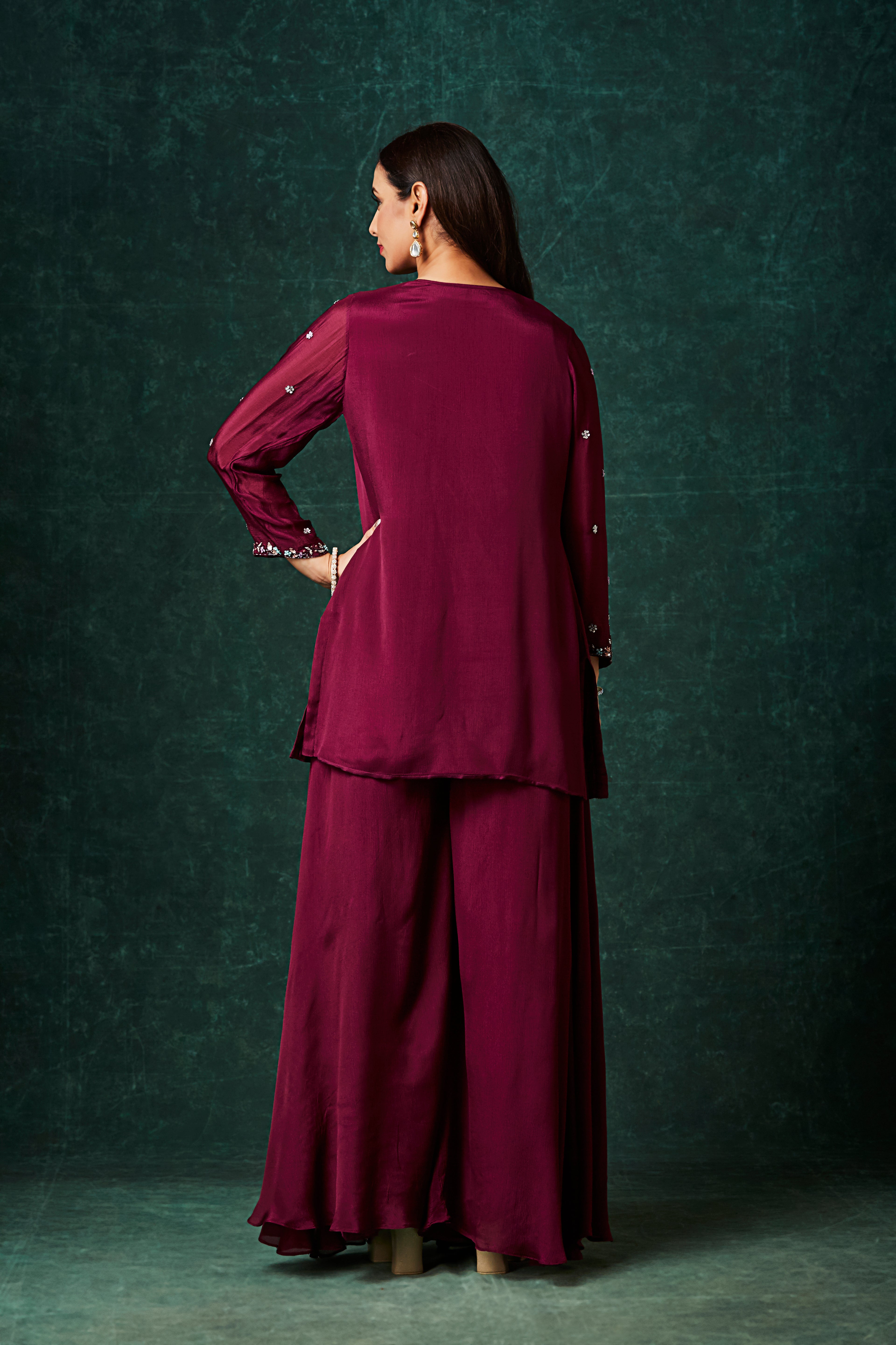 Wine Red Embellished Chinon Silk Palazzo Set