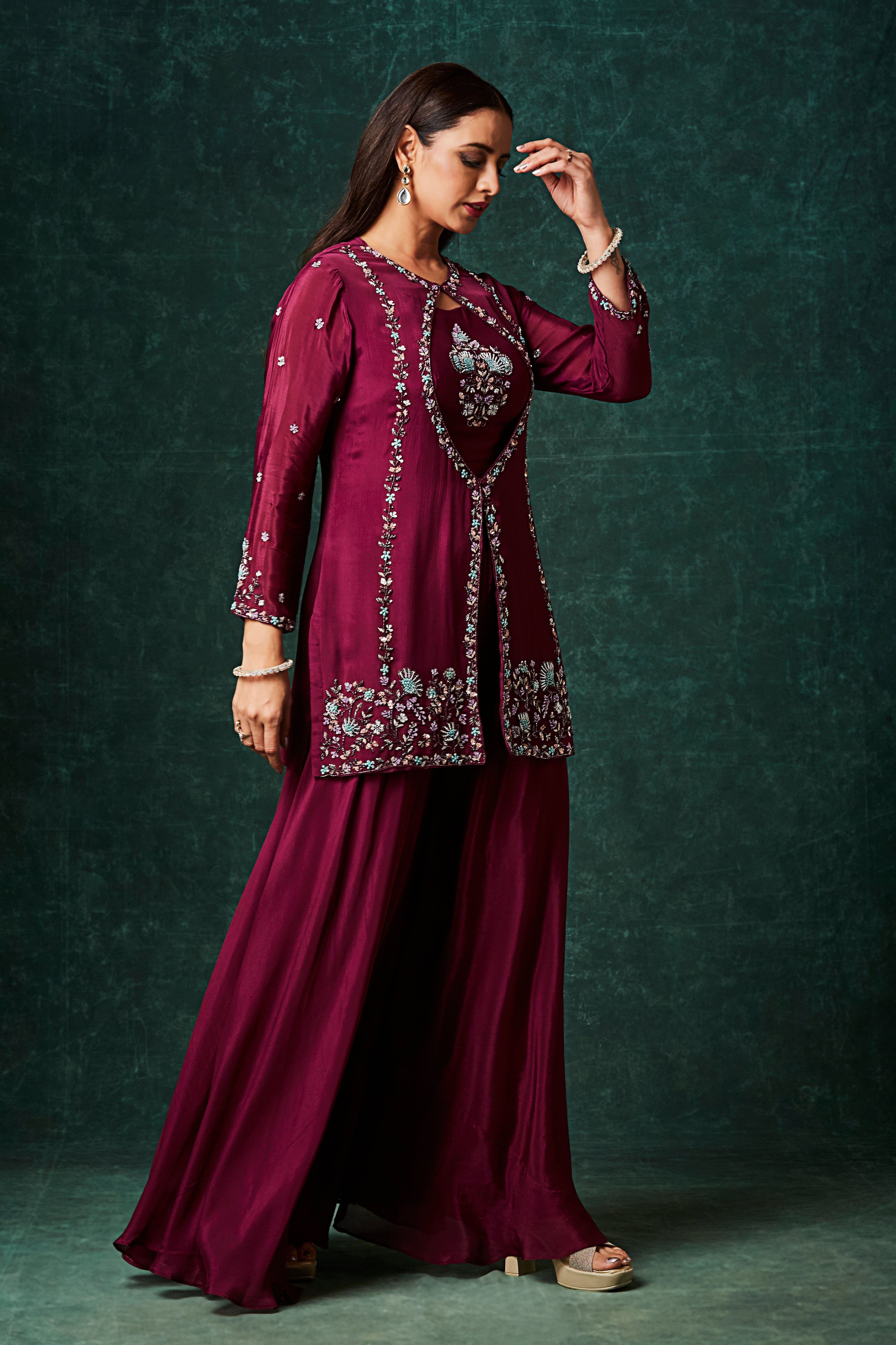 Wine Red Embellished Chinon Silk Palazzo Set