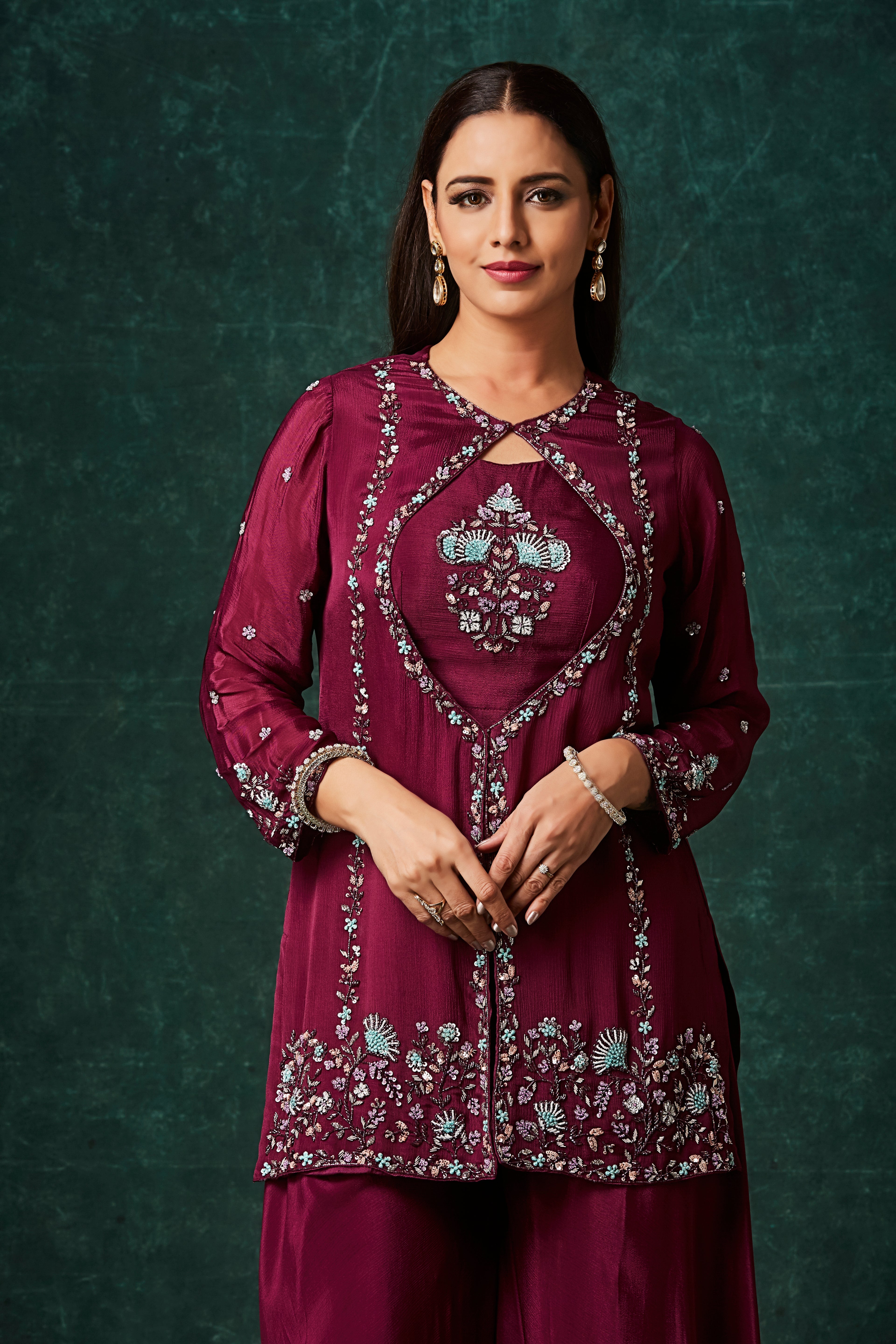 Wine Red Embellished Chinon Silk Palazzo Set