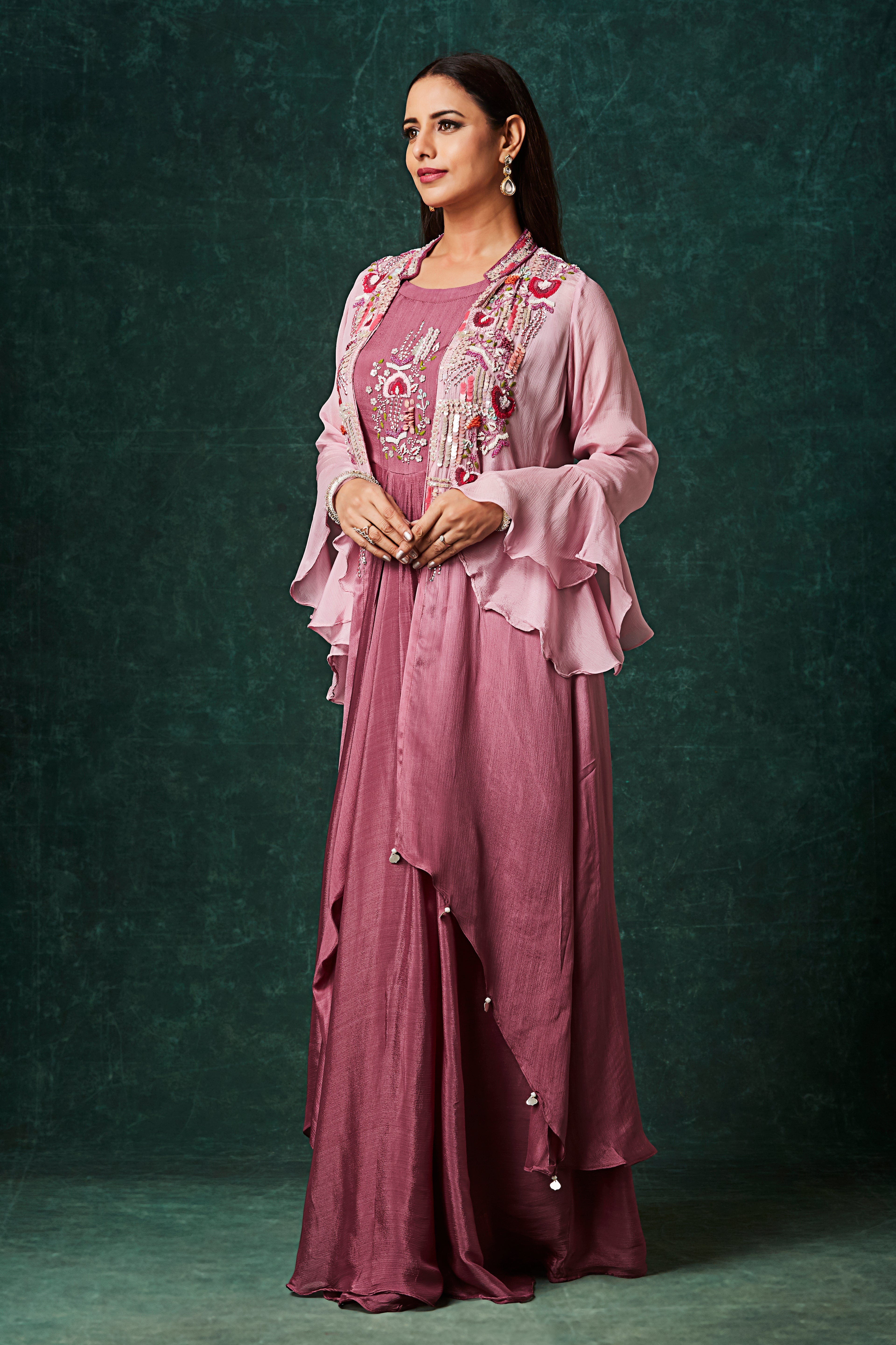 Dusty Pink Ombre Embellished Chinon Silk Gown