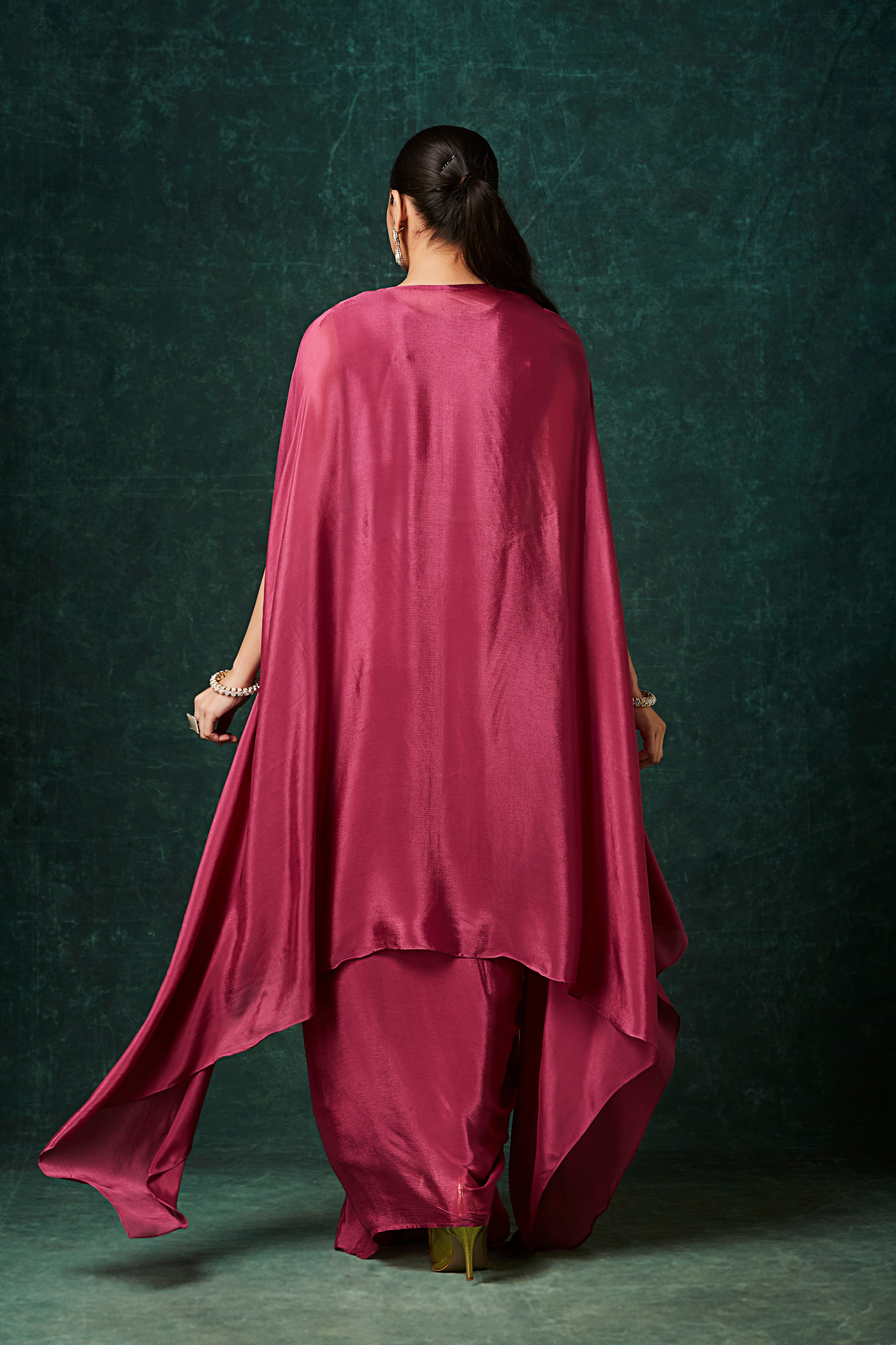 Rich Pink Embellished Chinon Silk Cape Set