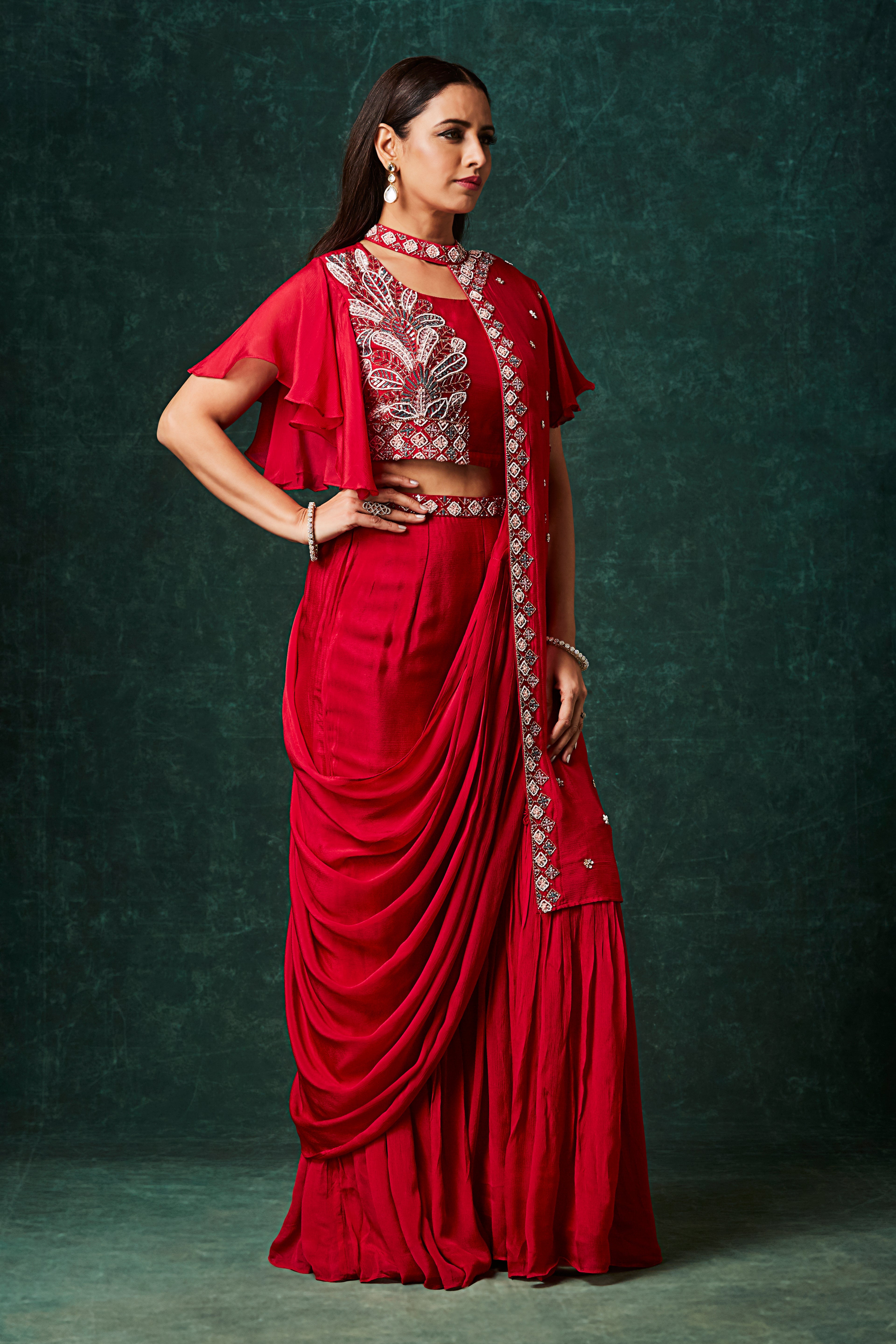 Scarlet Red Embellished Chinon Silk Palazzo Set