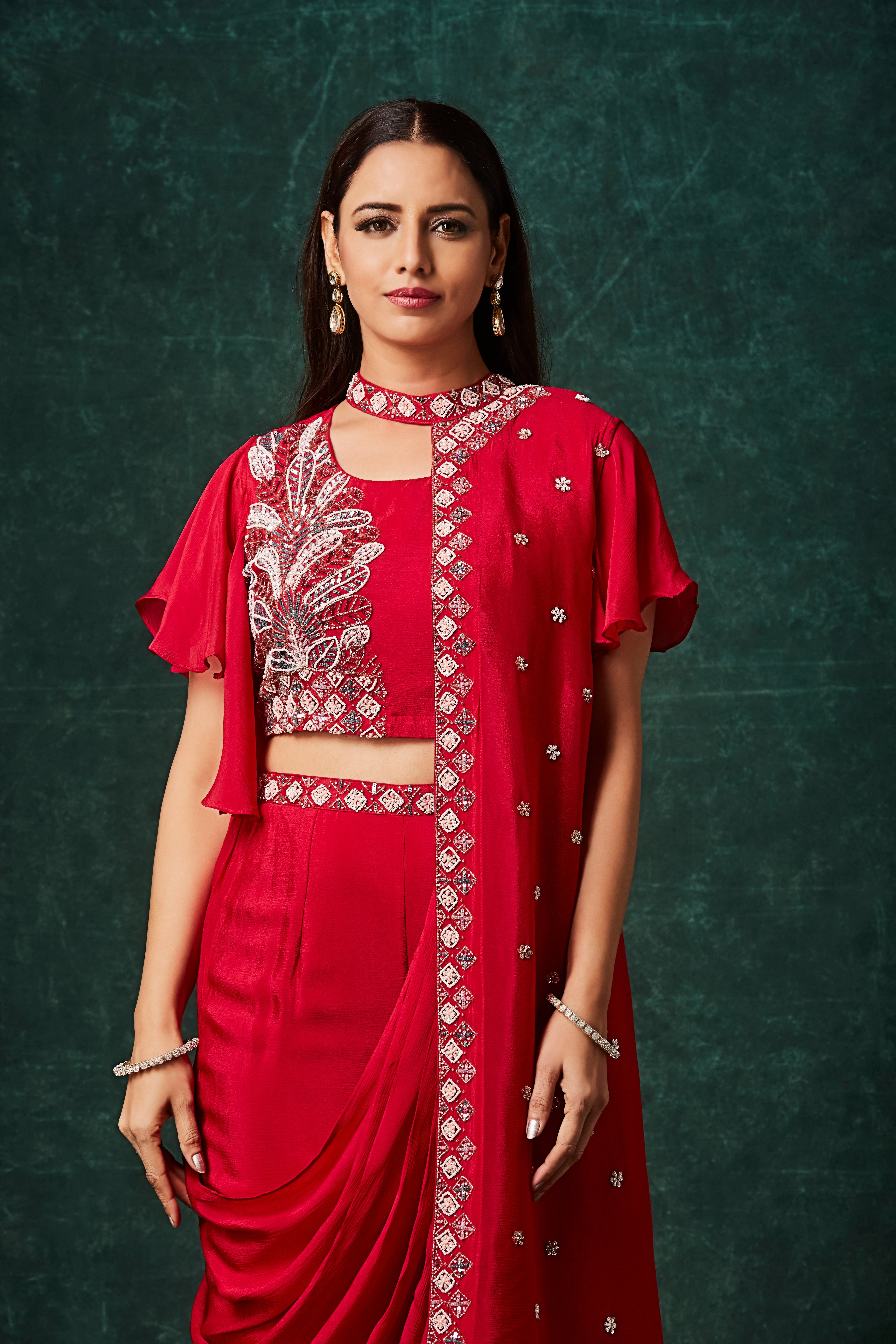 Scarlet Red Embellished Chinon Silk Palazzo Set