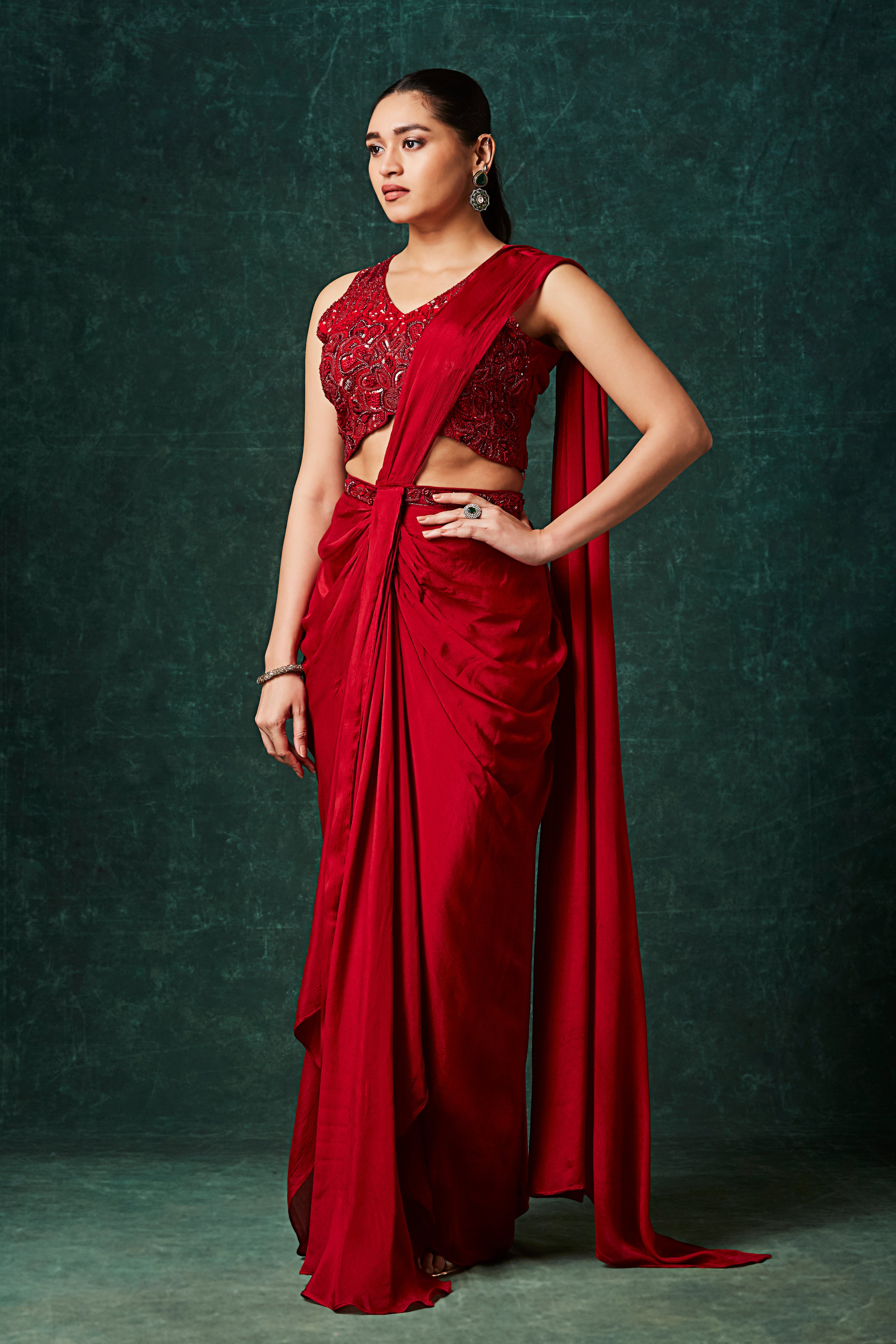 Hot Red Embellished Chinon Silk Drape Saree