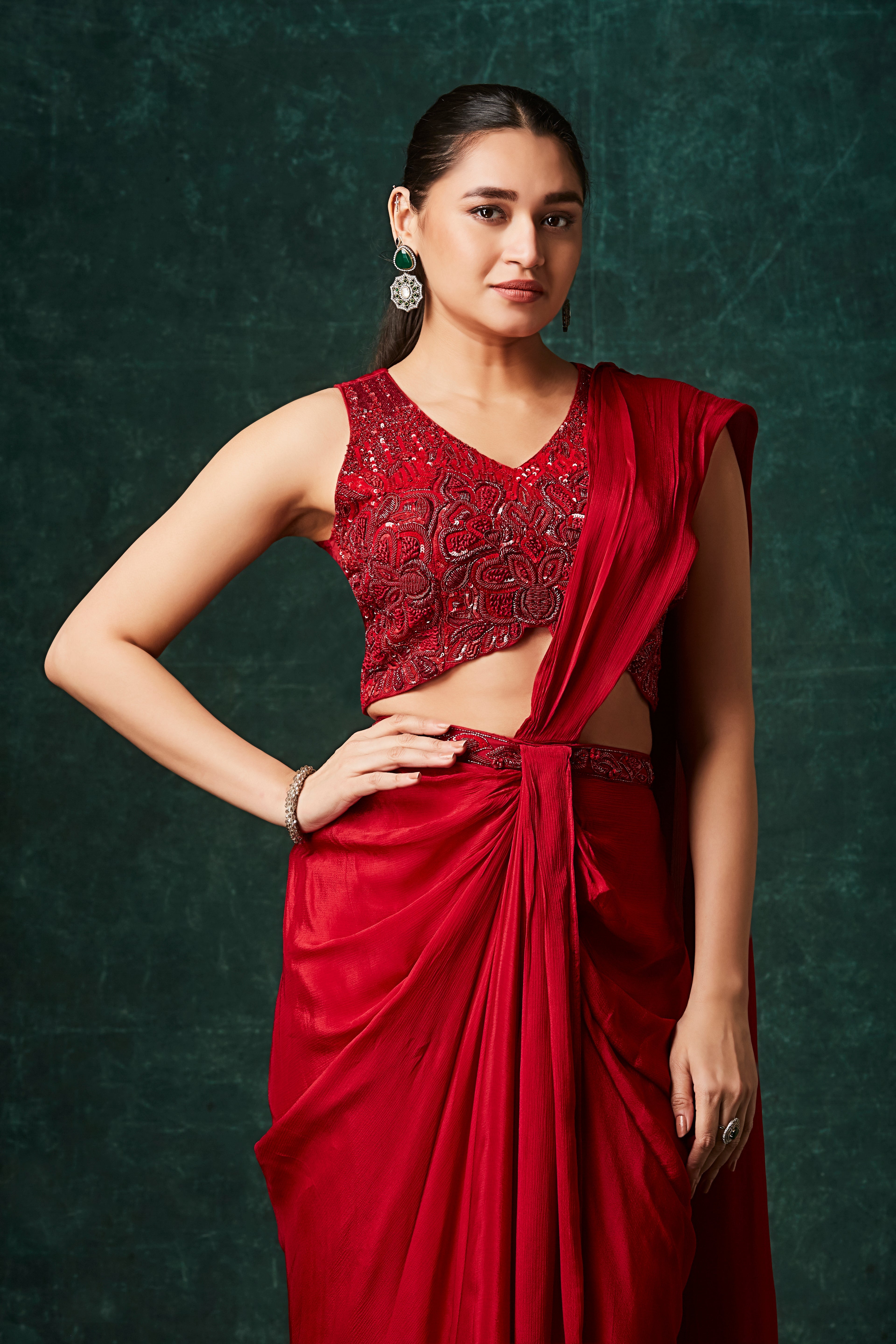 Hot Red Embellished Chinon Silk Drape Saree