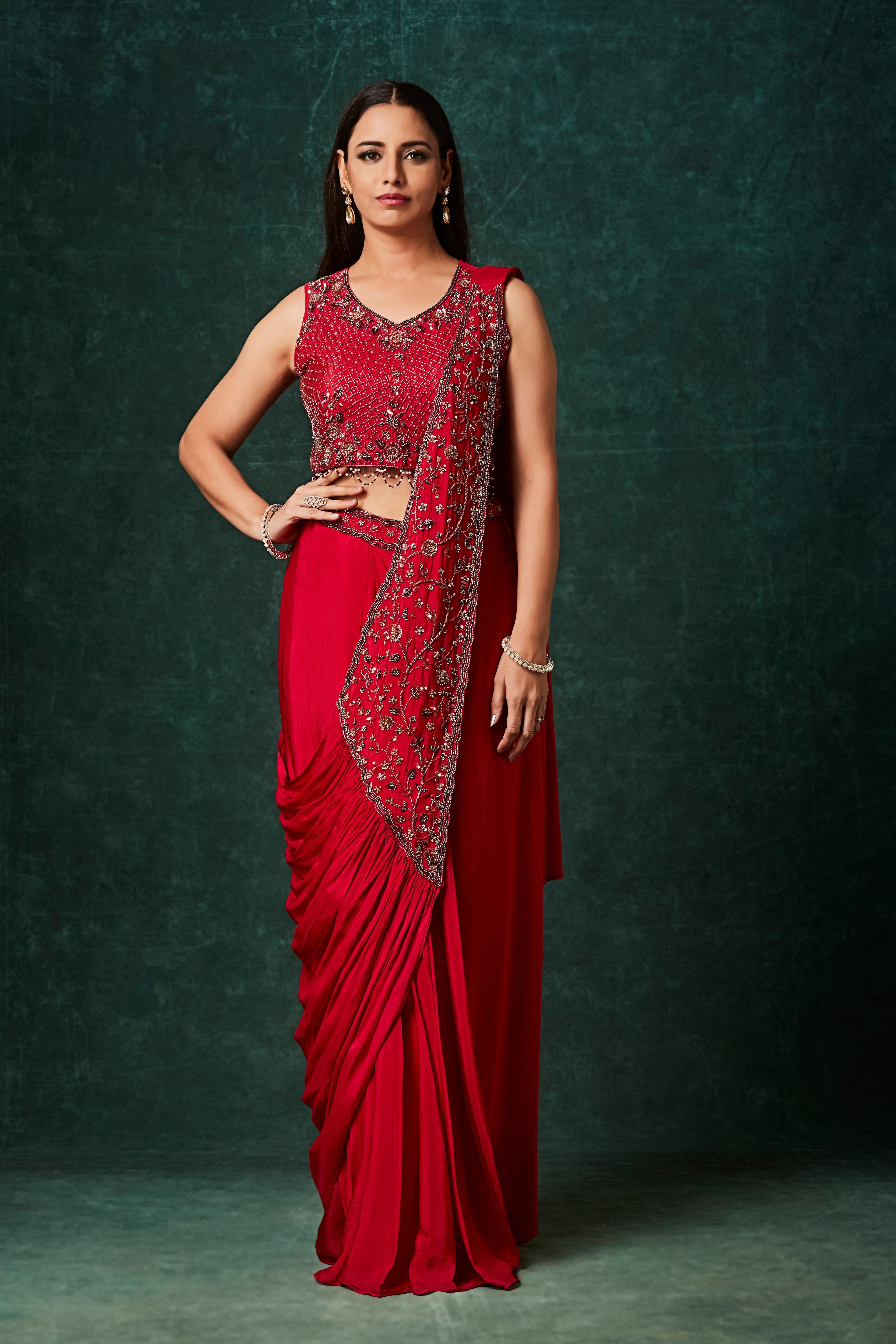 Rich Red Embellished Crepe Silk Drape Saree