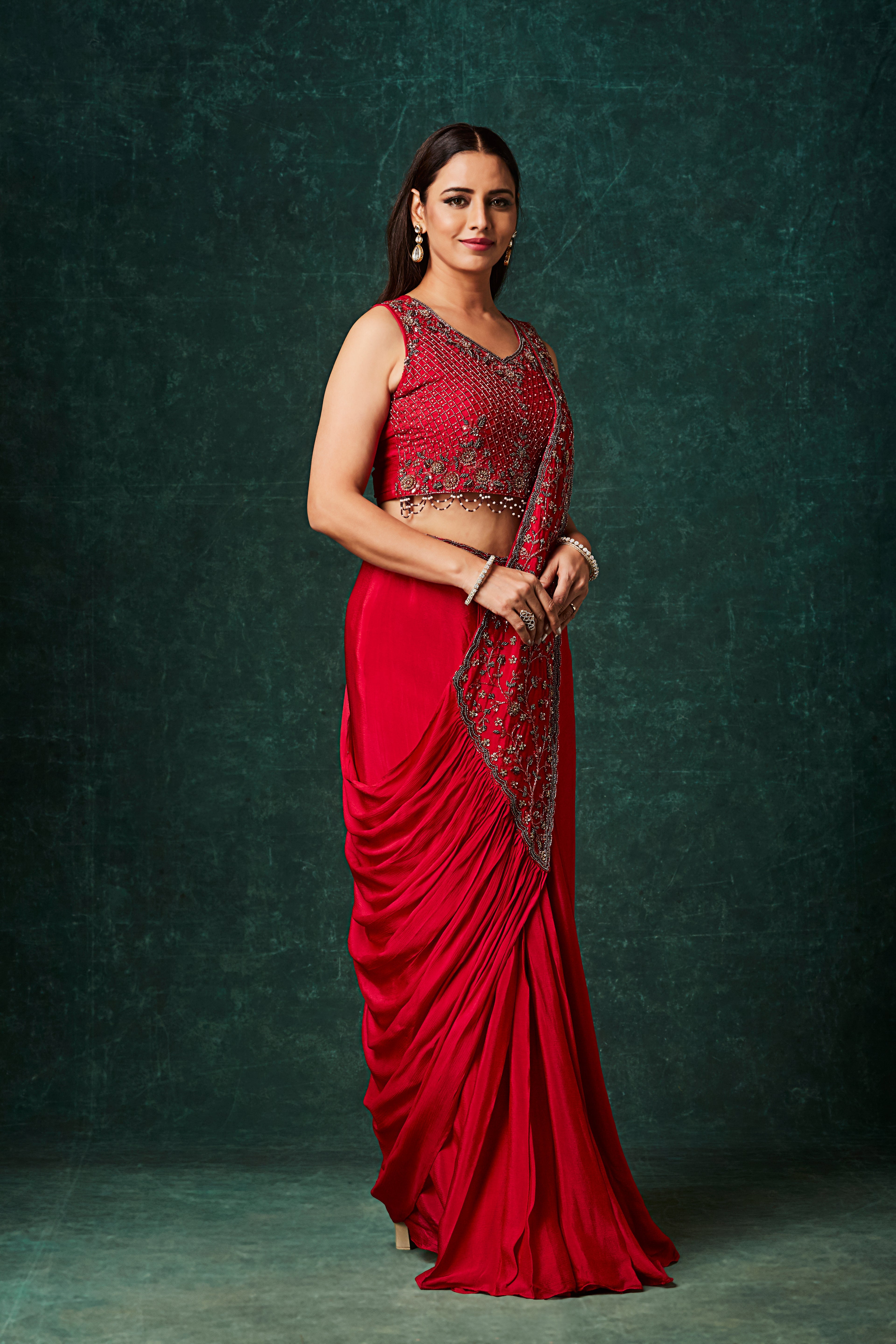 Rich Red Embellished Crepe Silk Drape Saree