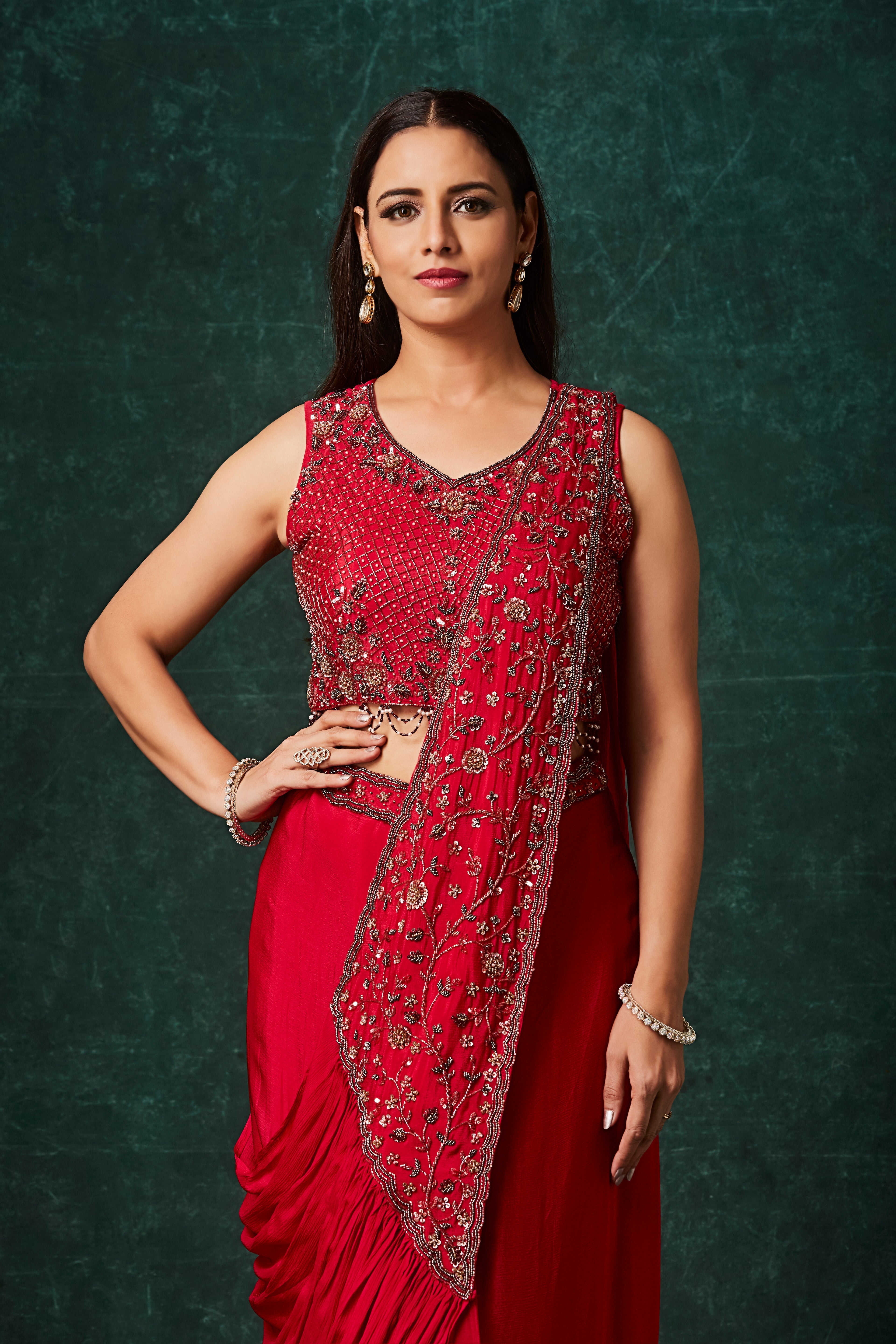 Rich Red Embellished Crepe Silk Drape Saree