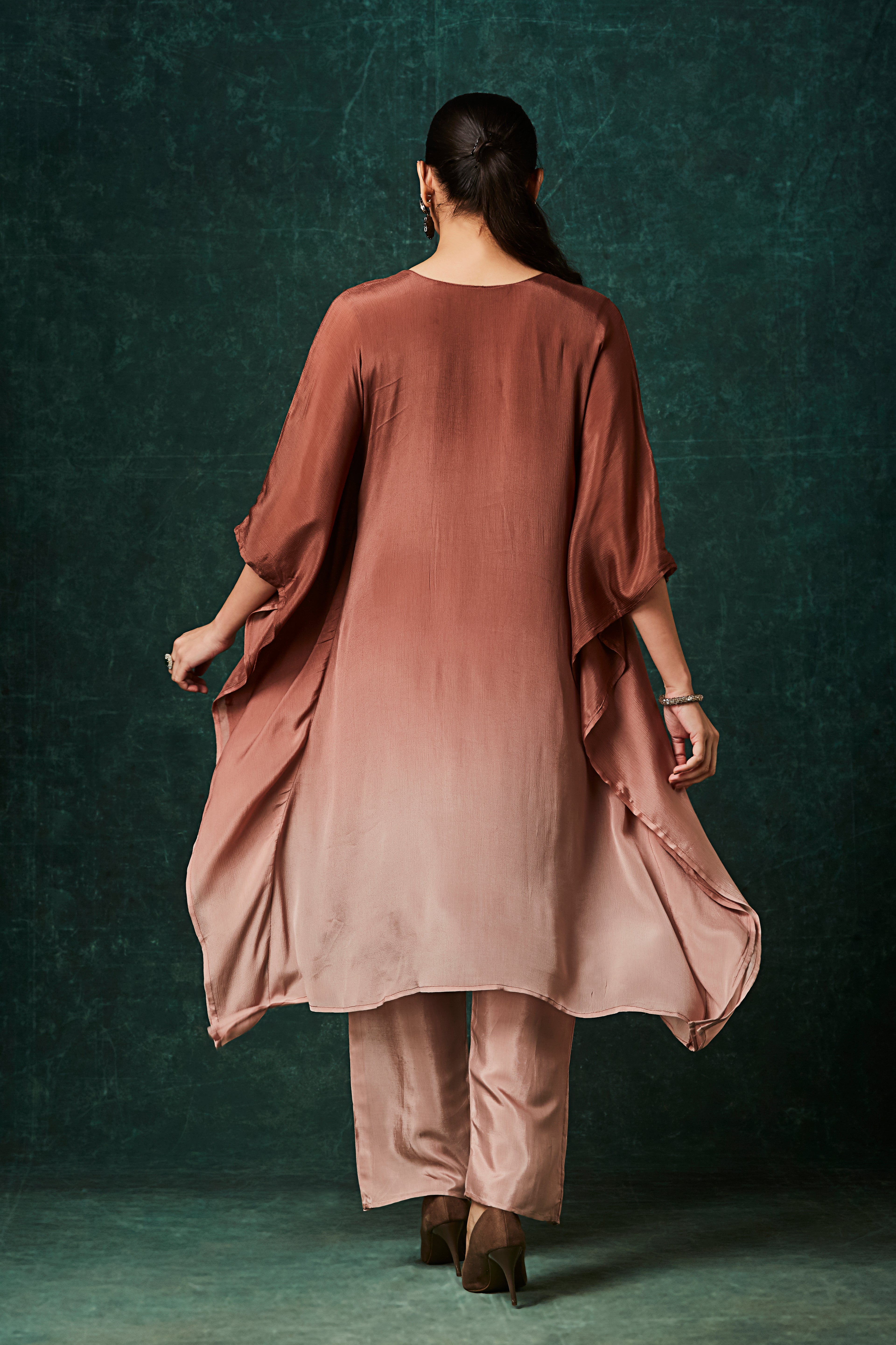 Copper Brown Ombre Embellished Chinon Silk Kaftan Set