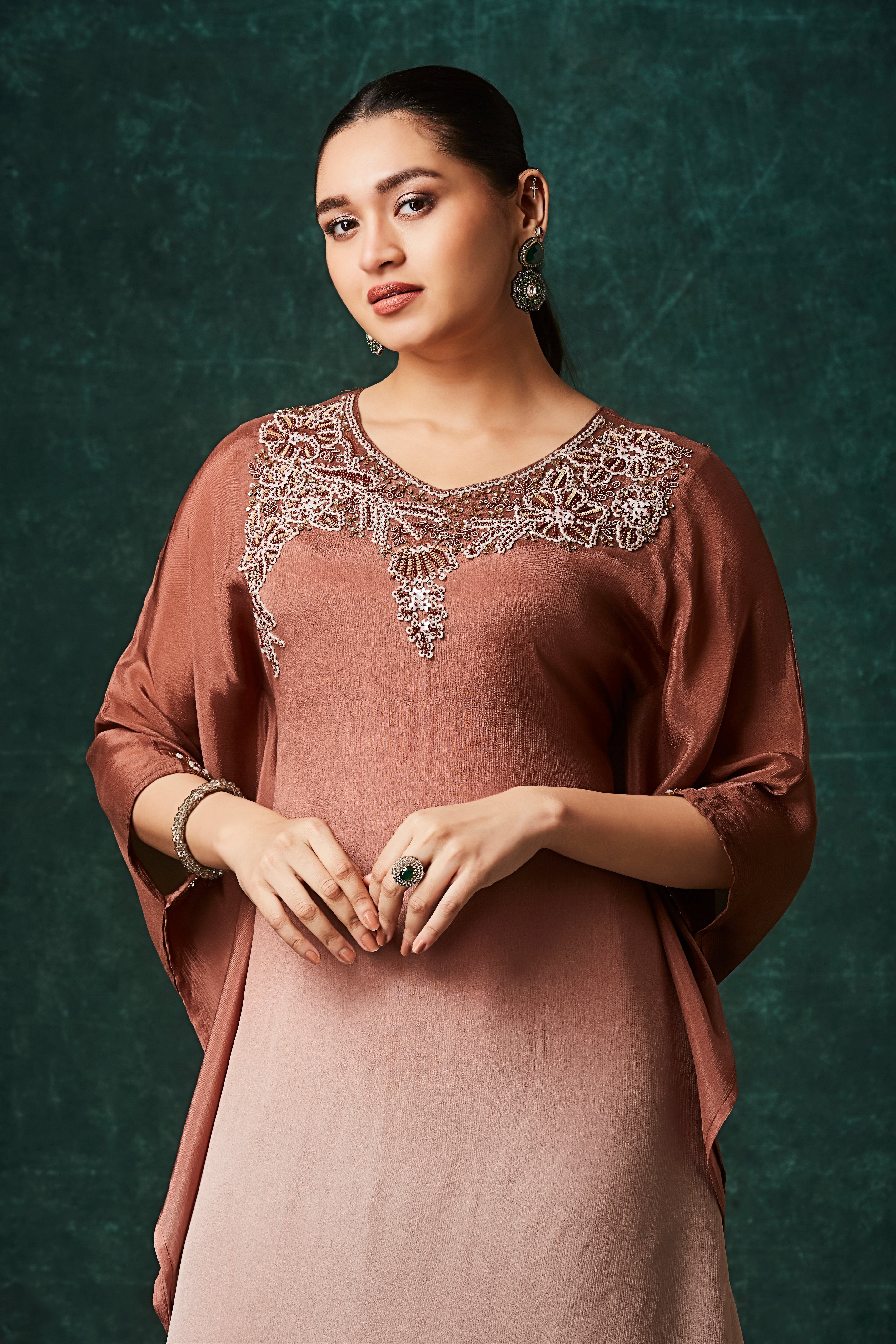 Copper Brown Ombre Embellished Chinon Silk Kaftan Set