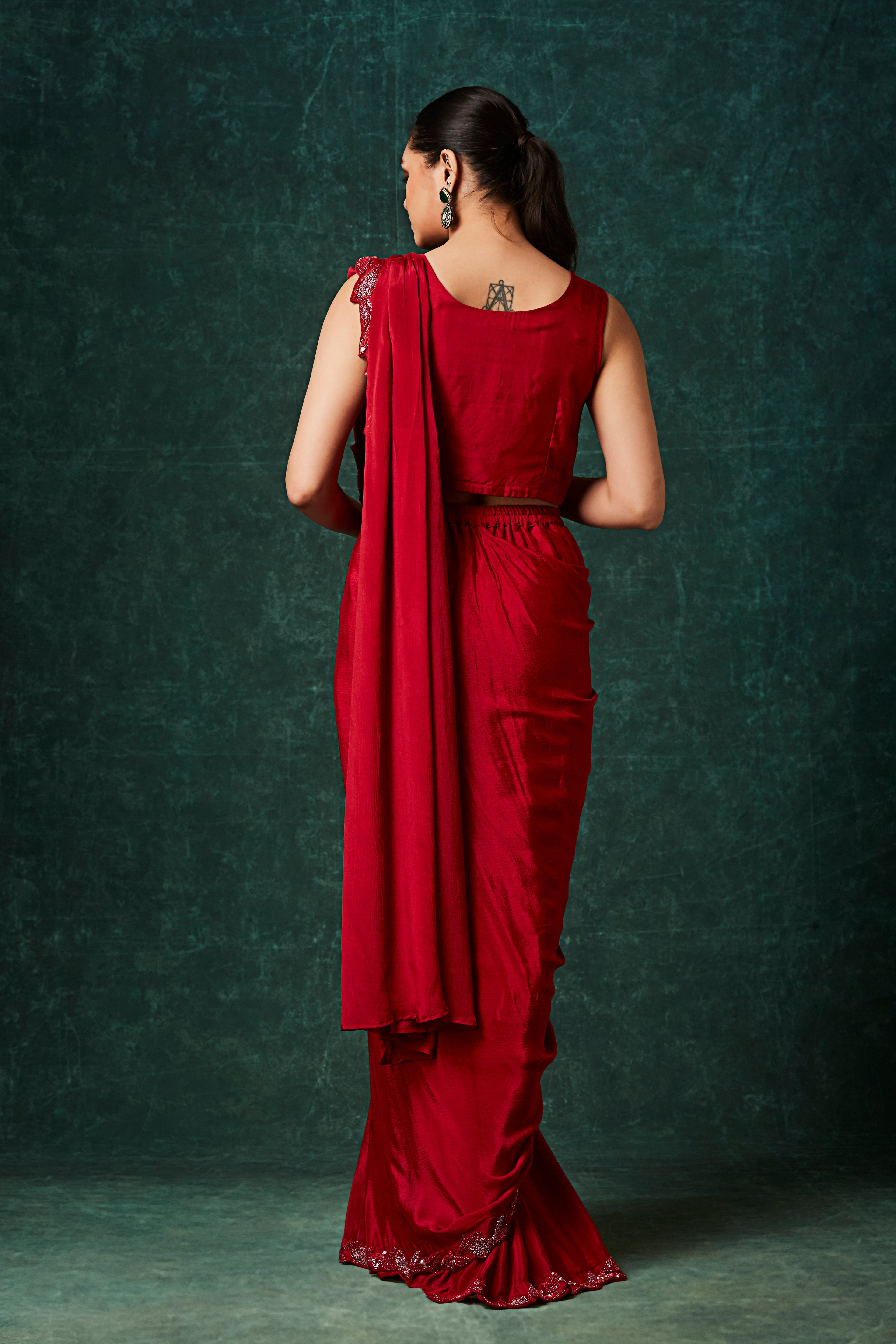 Deep Red Embellished Chinon Silk Drape Saree