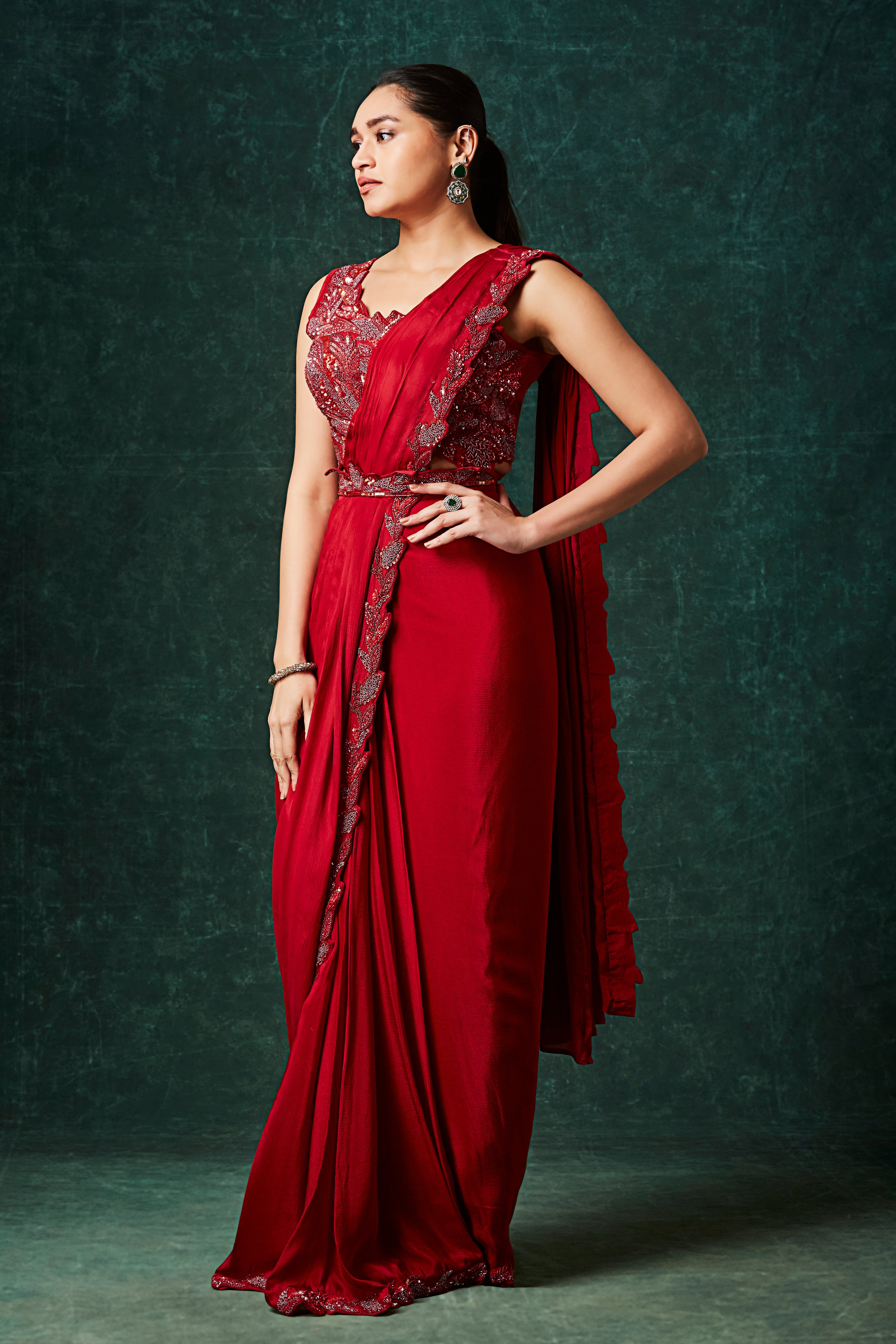 Deep Red Embellished Chinon Silk Drape Saree