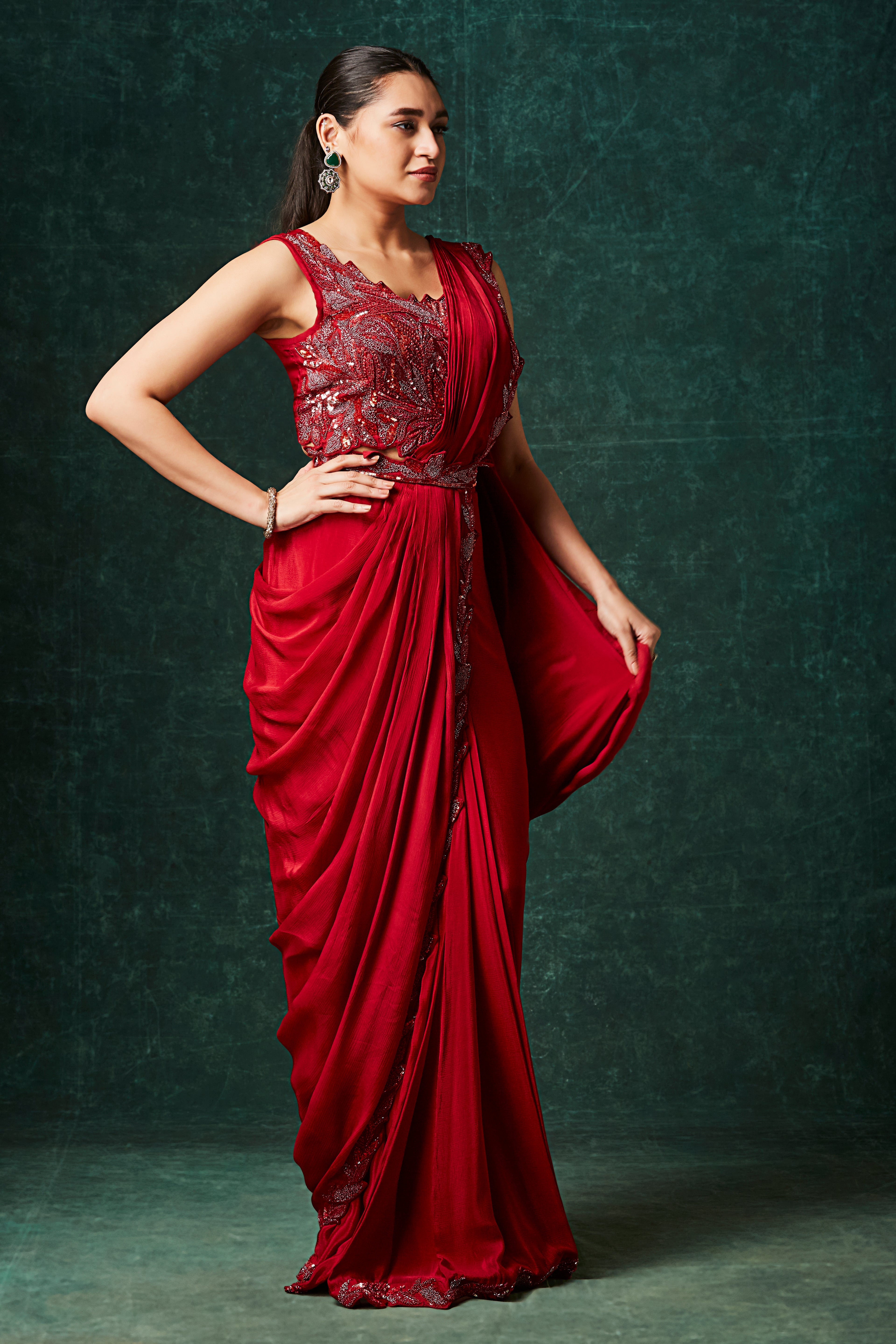 Deep Red Embellished Chinon Silk Drape Saree
