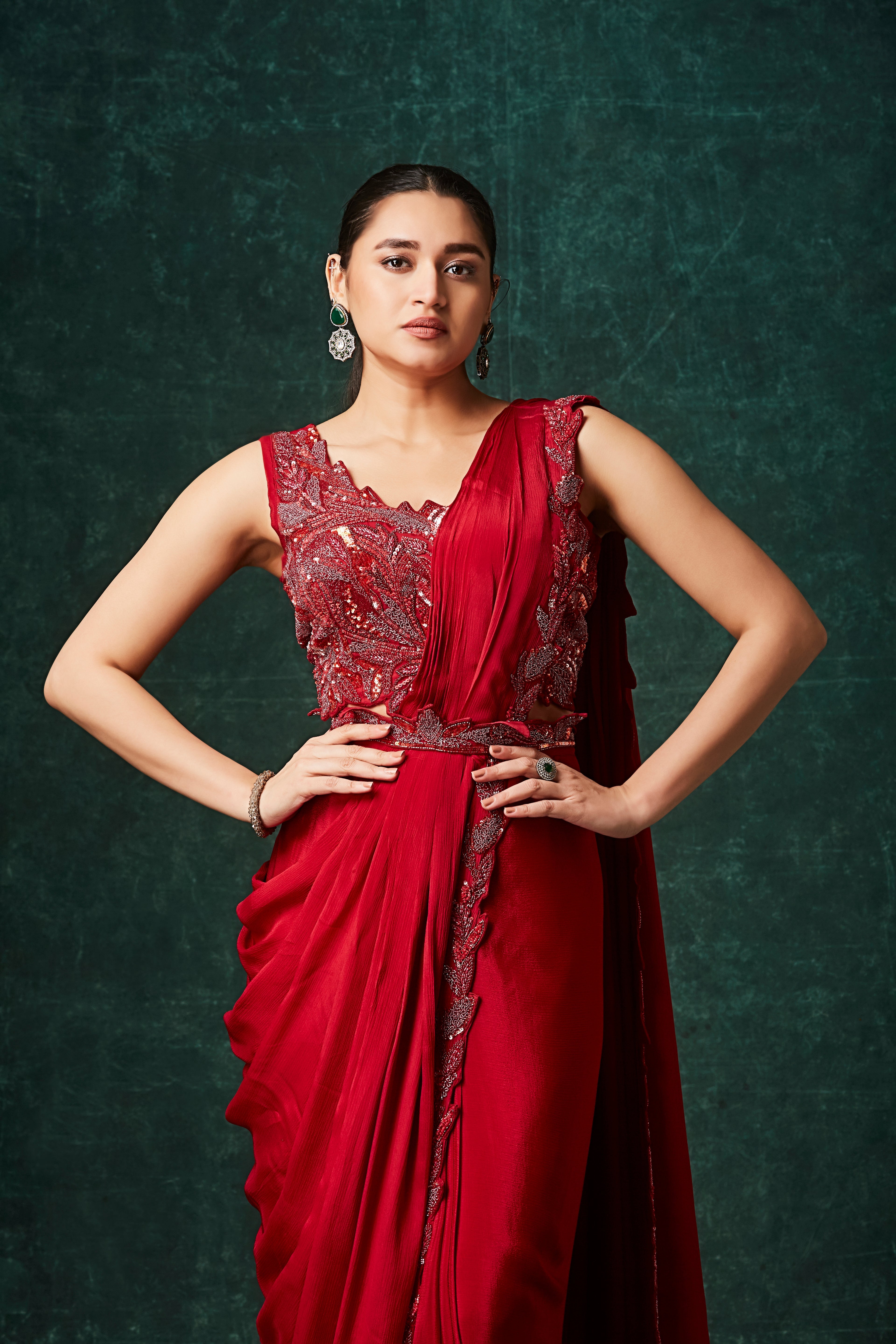 Deep Red Embellished Chinon Silk Drape Saree