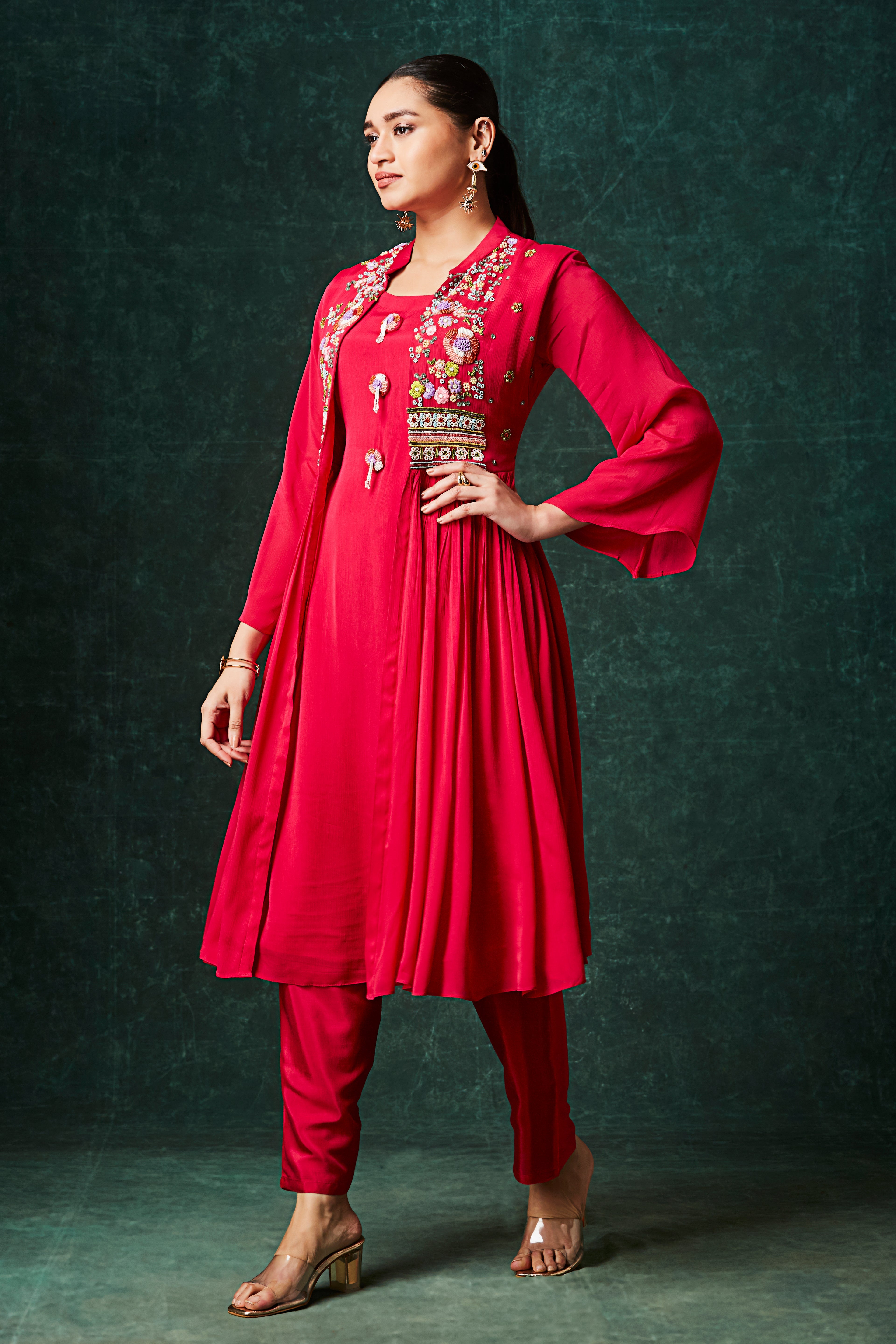 Crimson Red Embellished Chinon Silk Anarkali Set