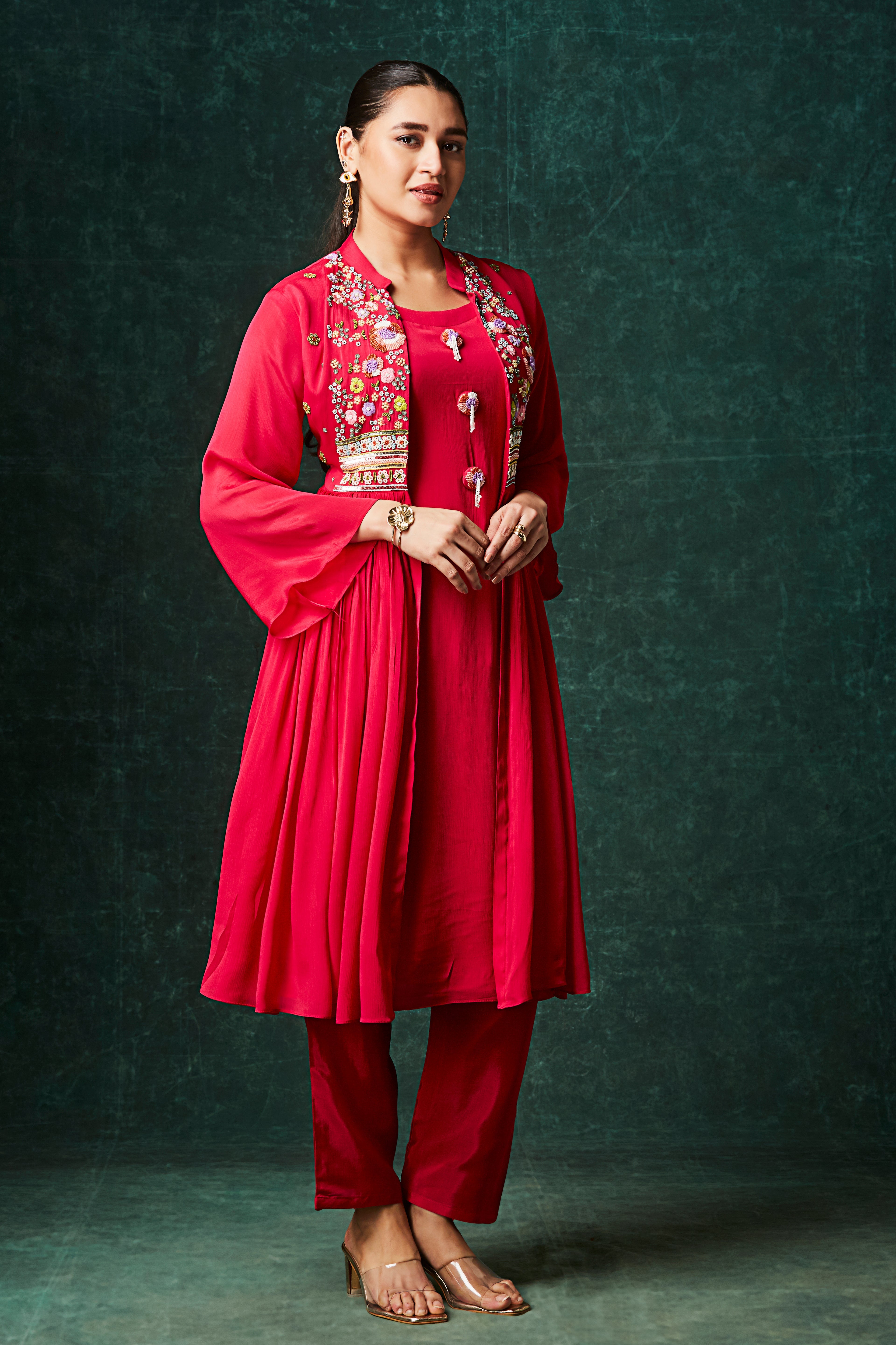 Crimson Red Embellished Chinon Silk Anarkali Set