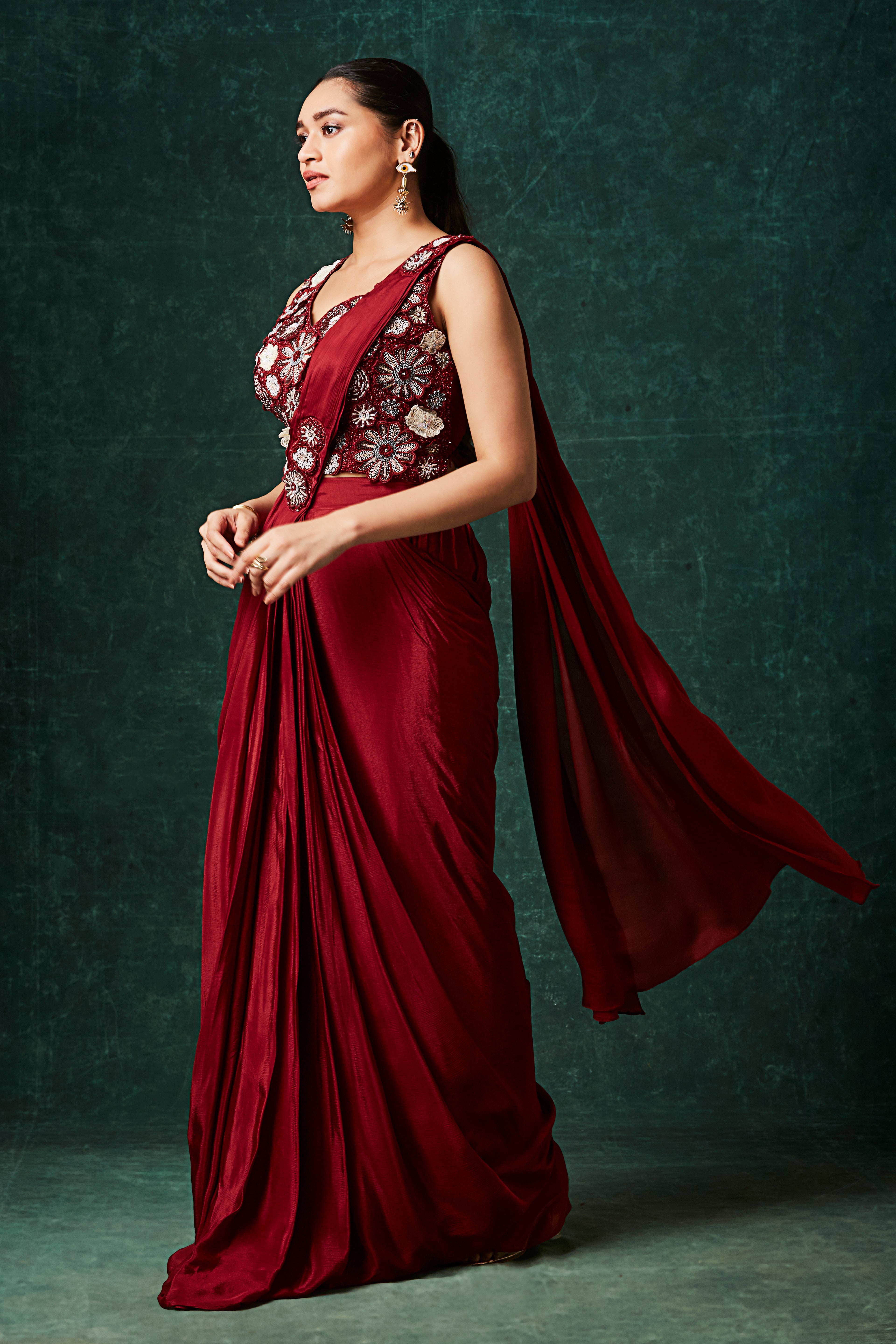 Vibrant Red Embellished Chinon Silk Drape Saree