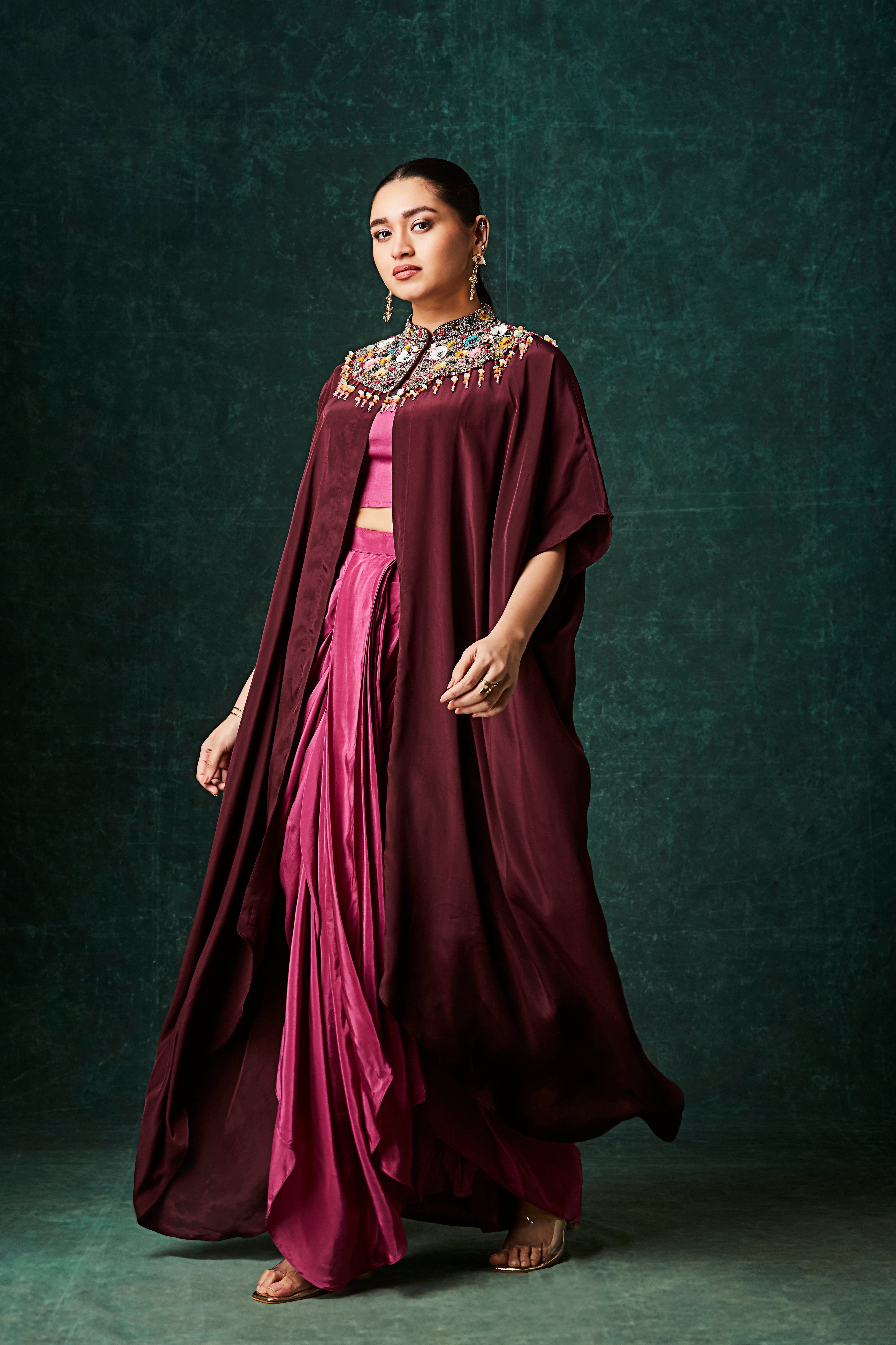 Magenta To Maroon Embellished Crepe Silk Skirt Set