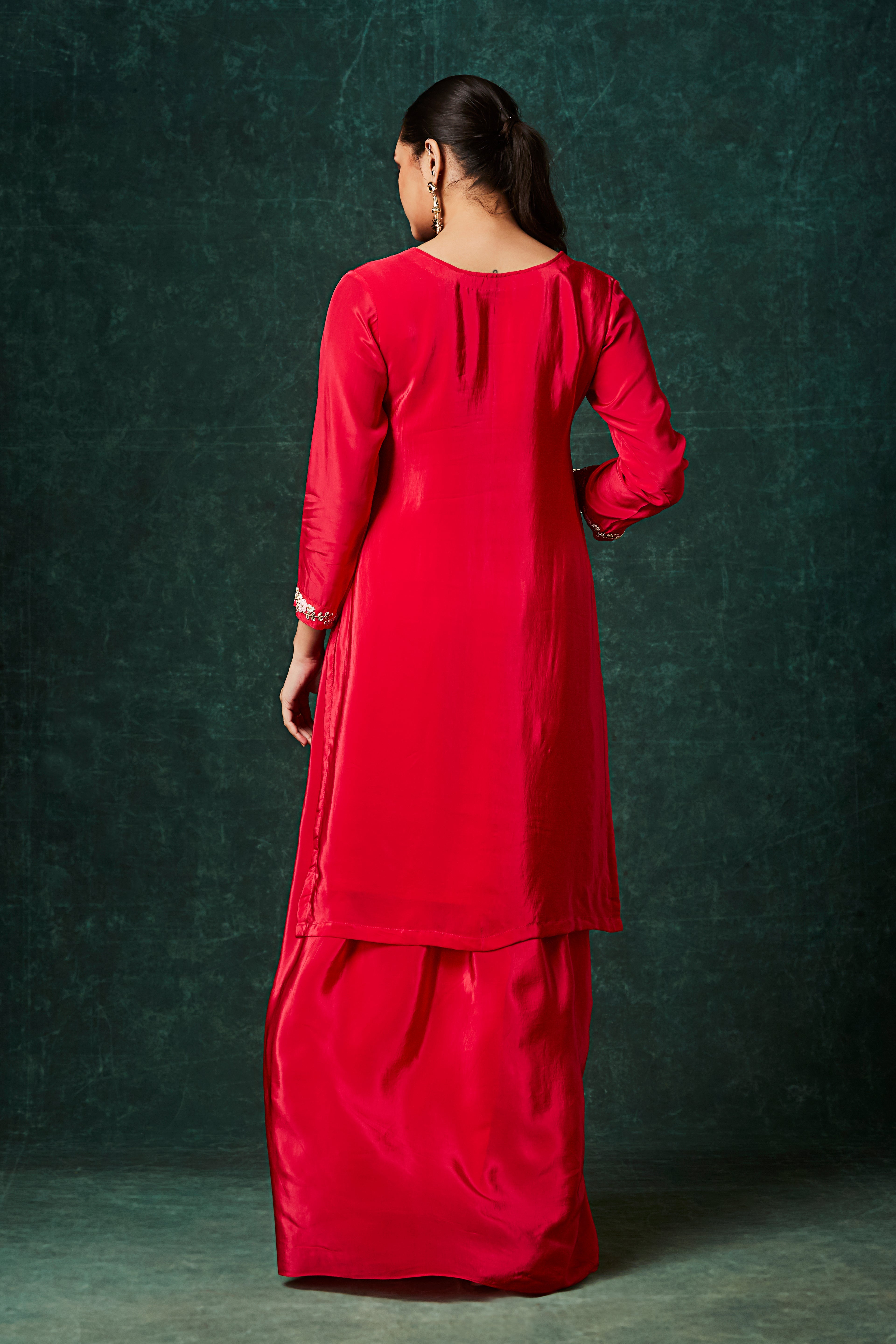 Rose Red Embellished Crepe Silk Skirt Set