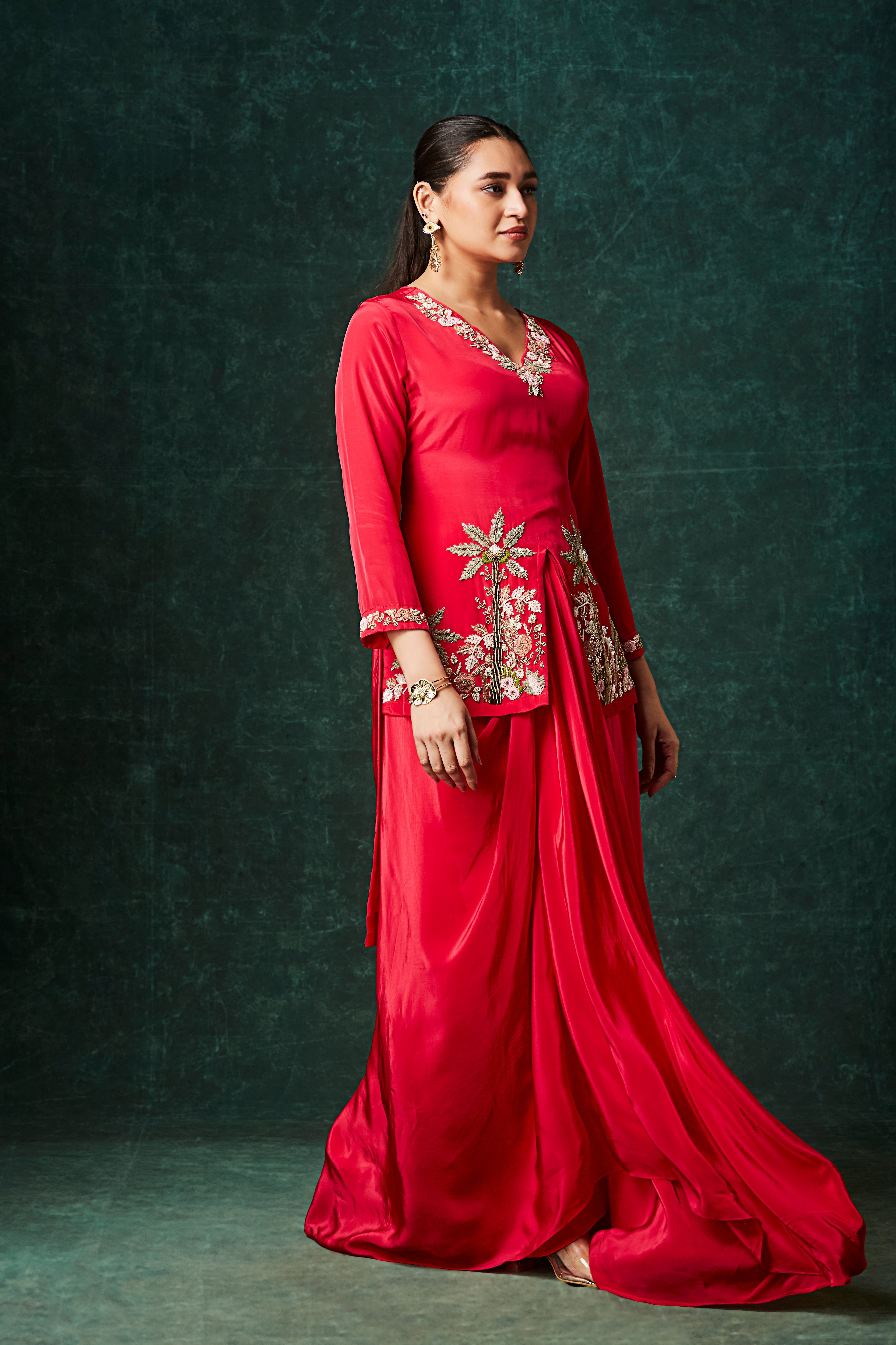 Rose Red Embellished Crepe Silk Skirt Set