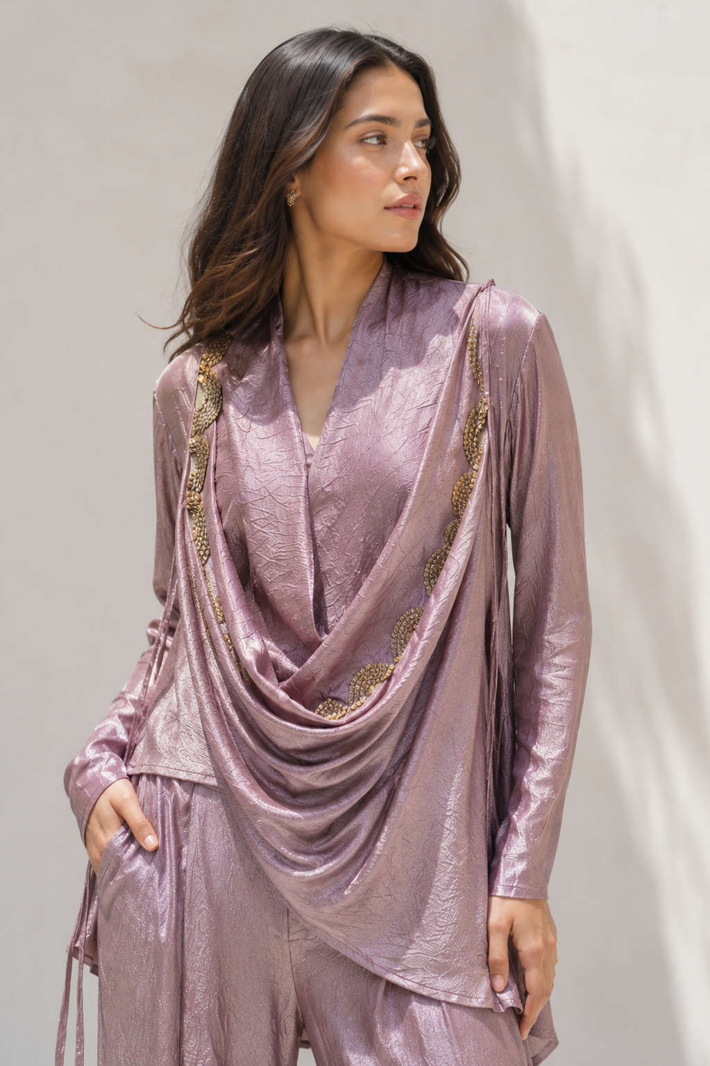 Dusty Lilac Embellished Shimmer Silk Co-Ord Set