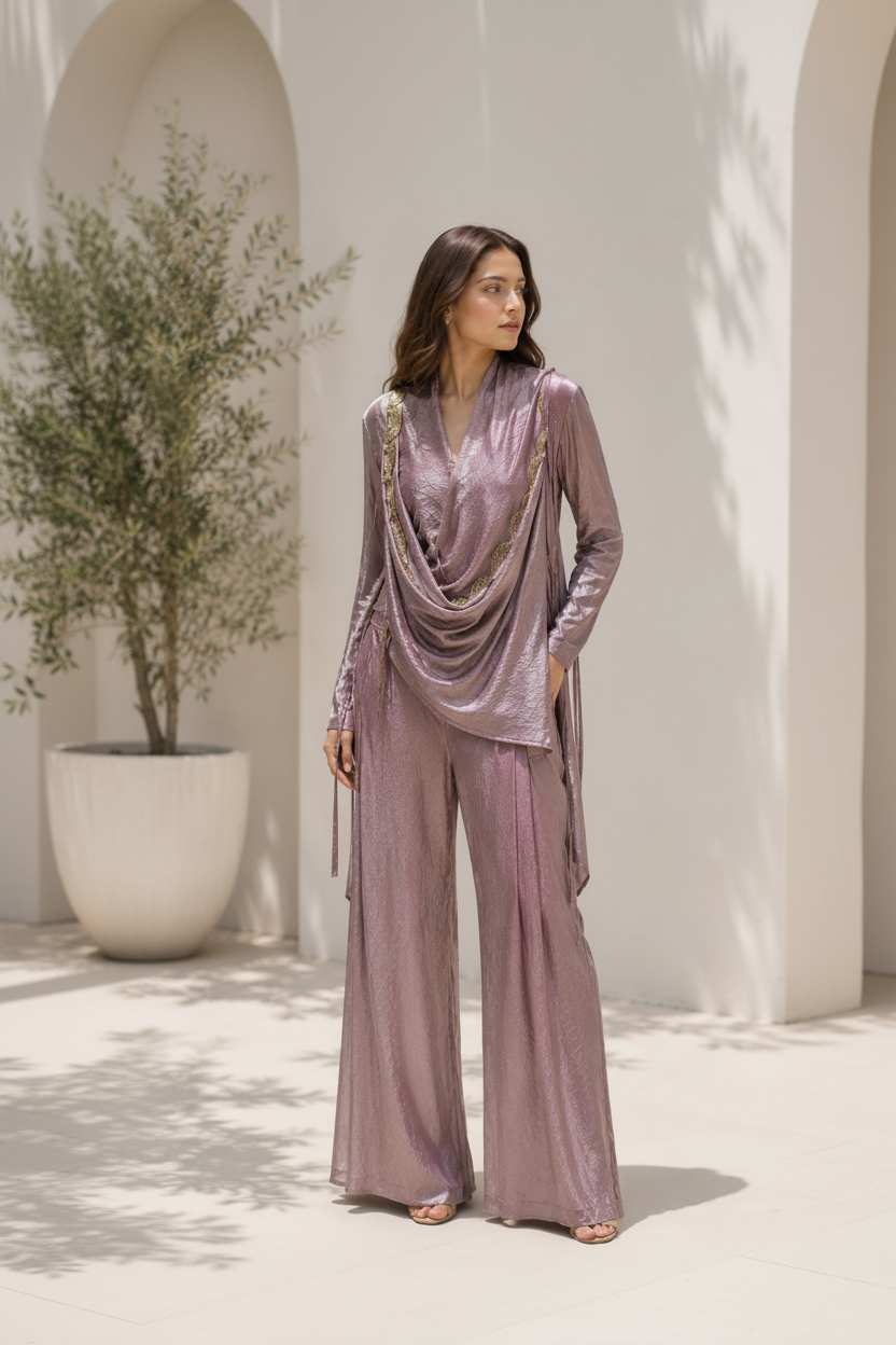 Dusty Lilac Embellished Shimmer Silk Co-Ord Set