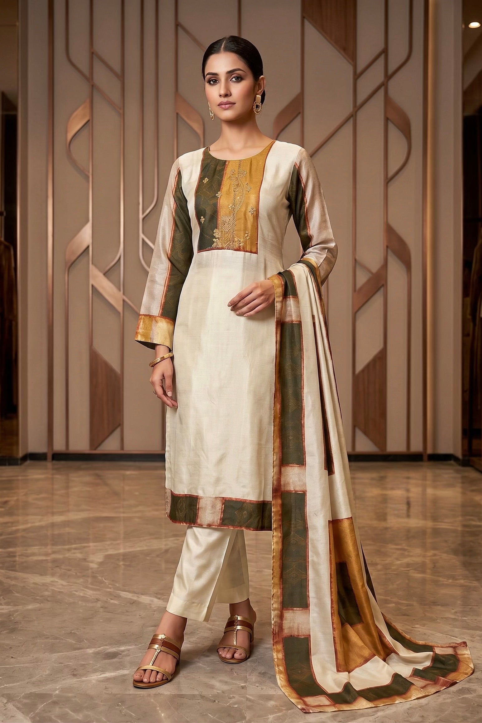 Olive Ivory Printed Dola Silk Pant Set