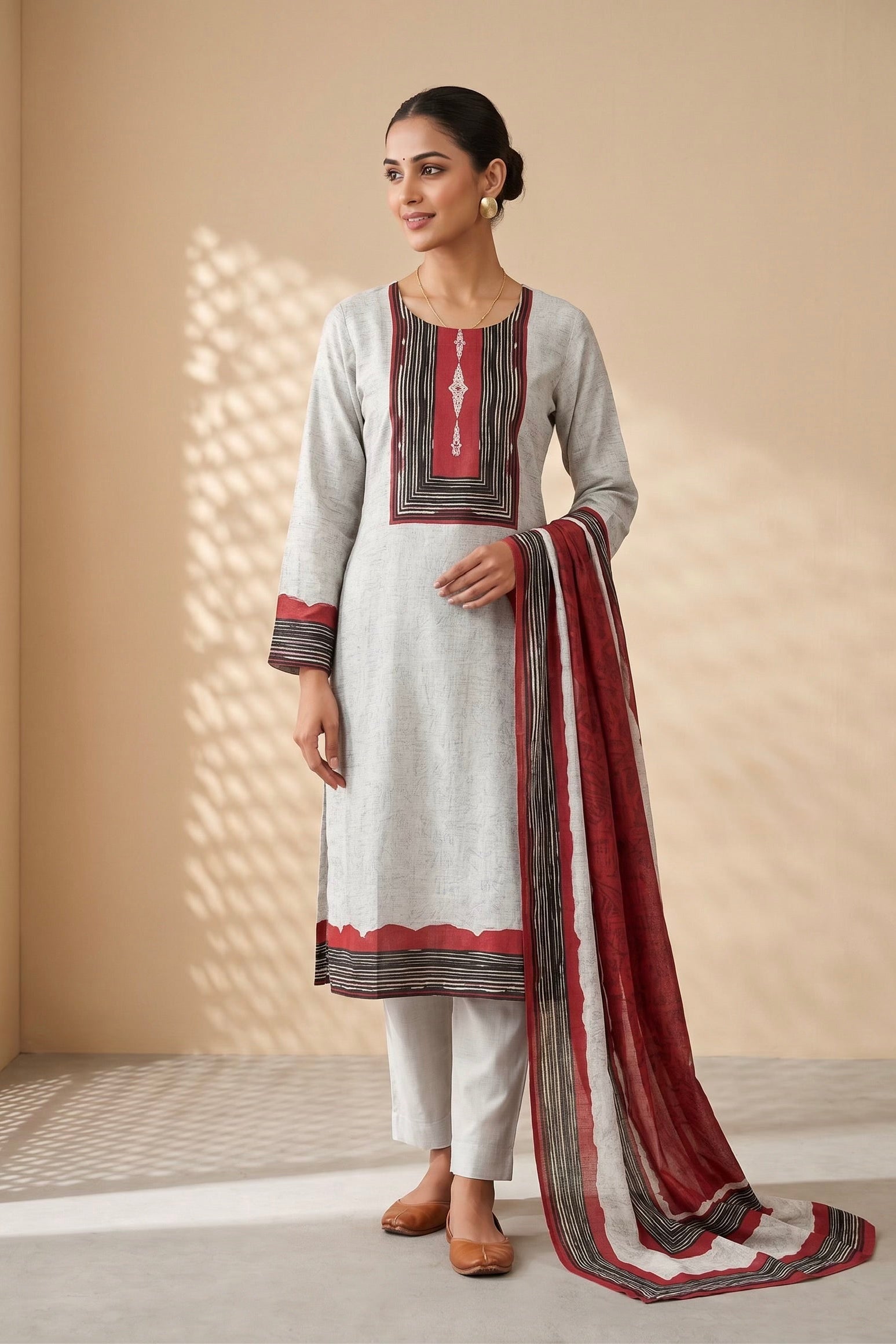 Silver Grey Printed Dola Silk Pant Set