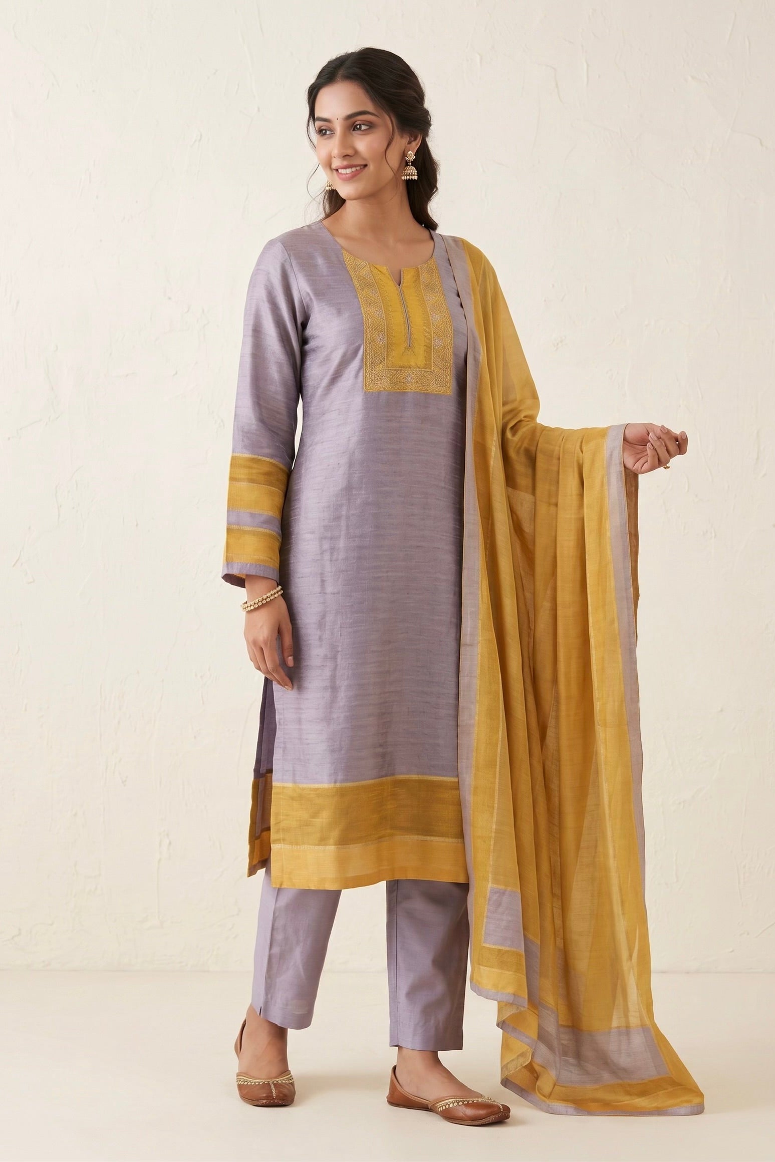 Lavender Mustard Printed Dola Silk Pant Set