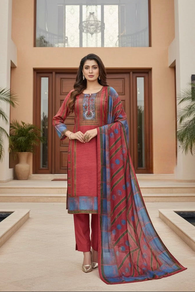 Crimson Red Printed Dola Silk Pant Set