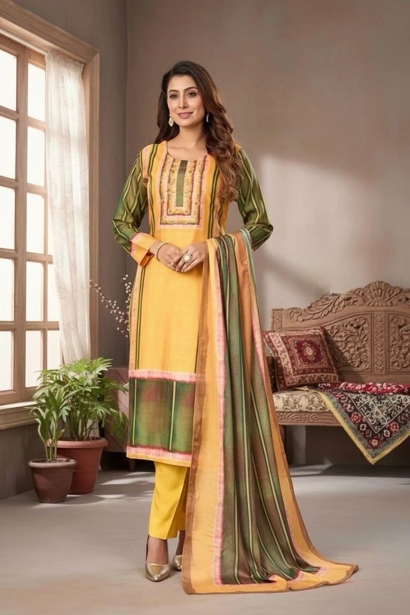 Pale Marigold Printed Dola Silk Pant Set