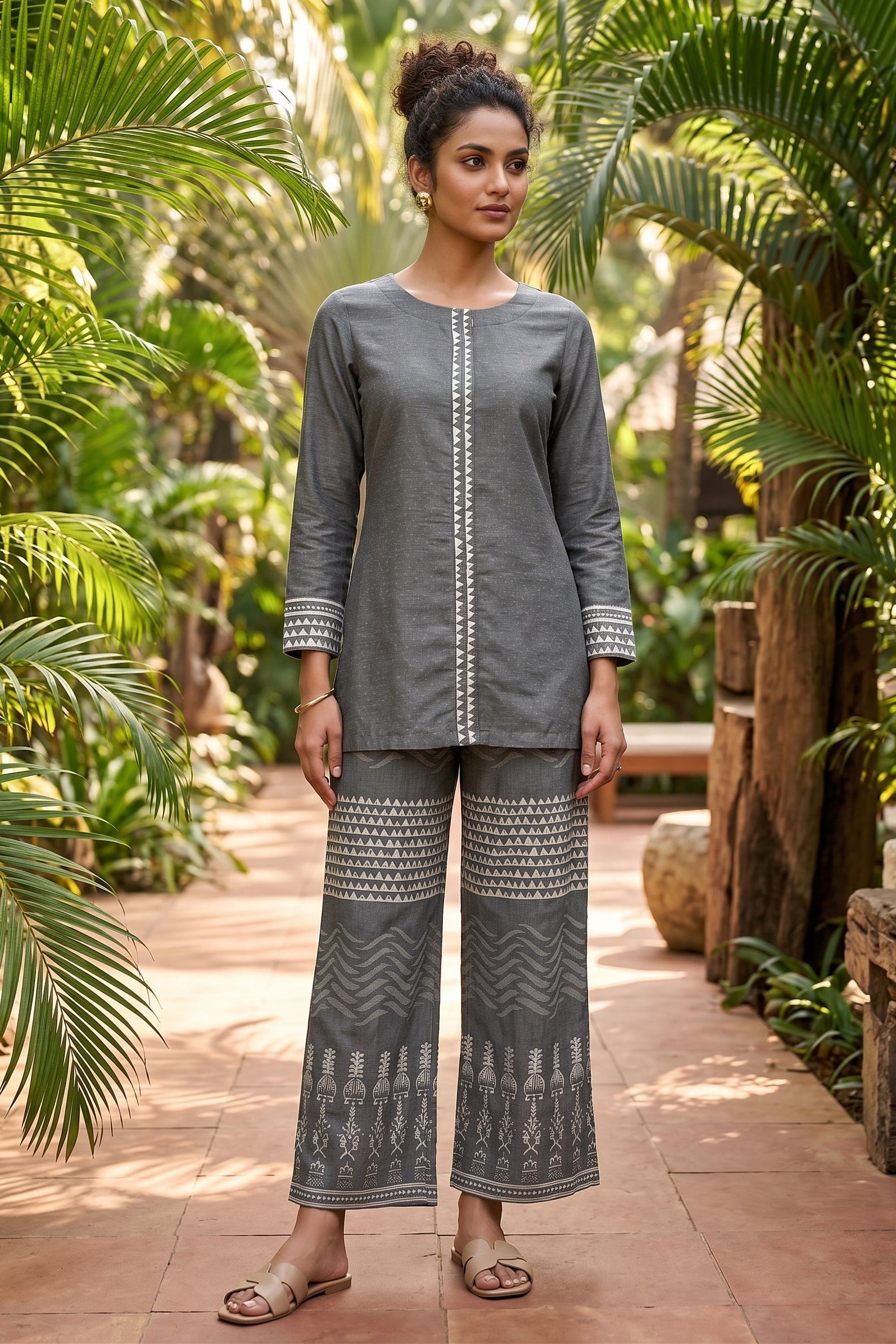 Charcoal Grey Printed Tussar Silk Co-Ord Set
