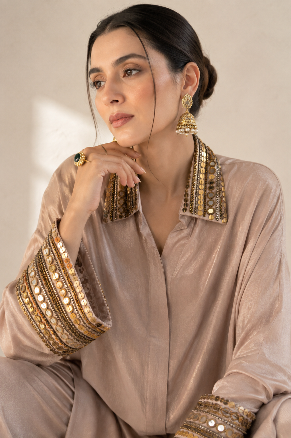 Light Peach Embellished Premium Silk Co-Ord Set