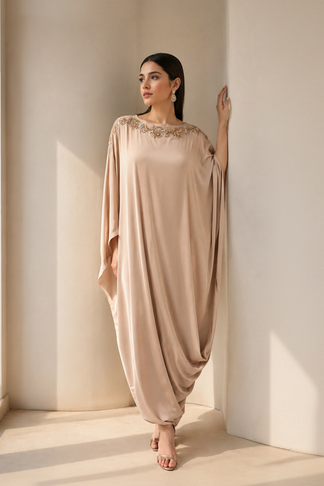 Champagne Embellished Satin Silk Kaftan Dress