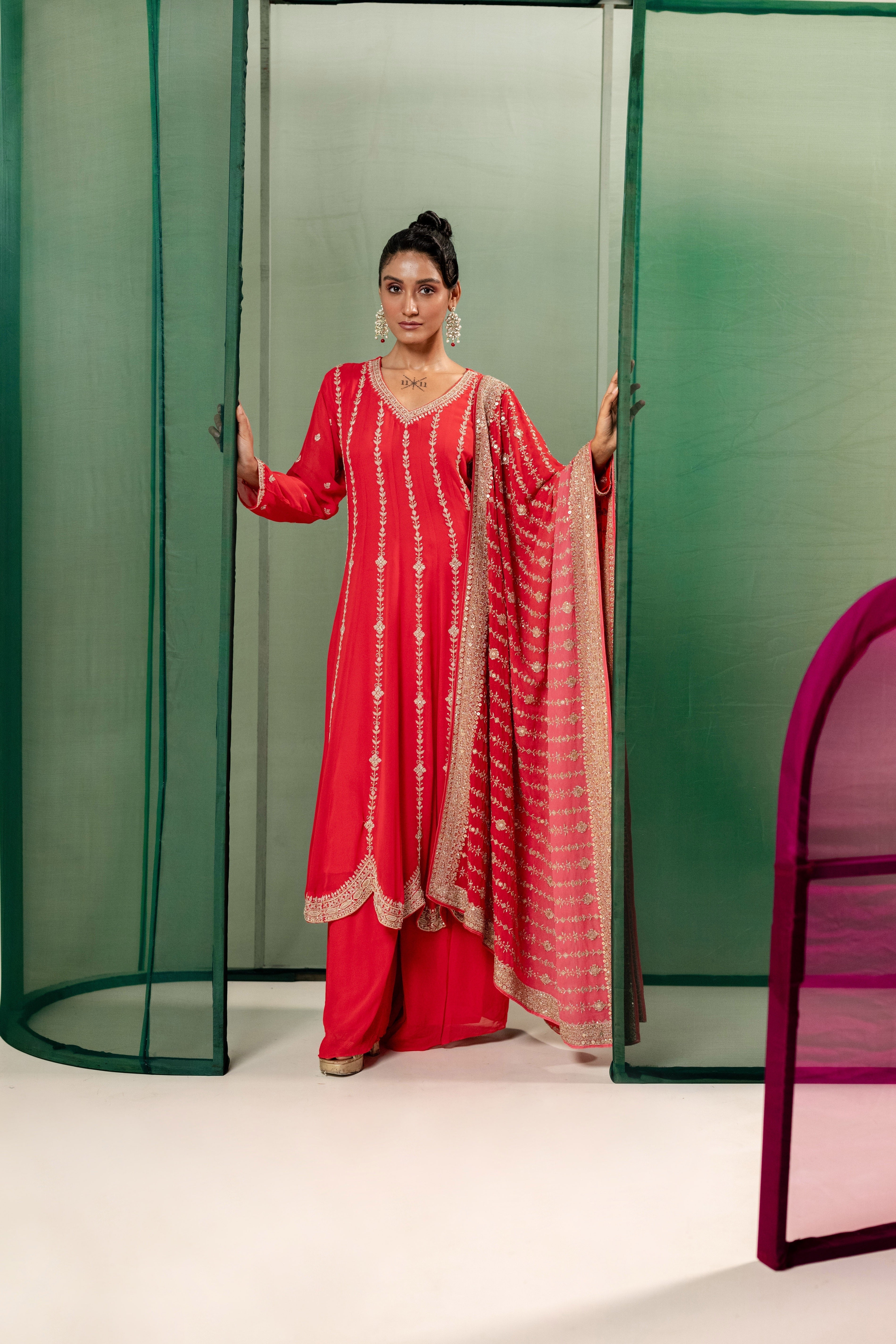 Rani Pink Embellished Chinon Silk Palazzo Set