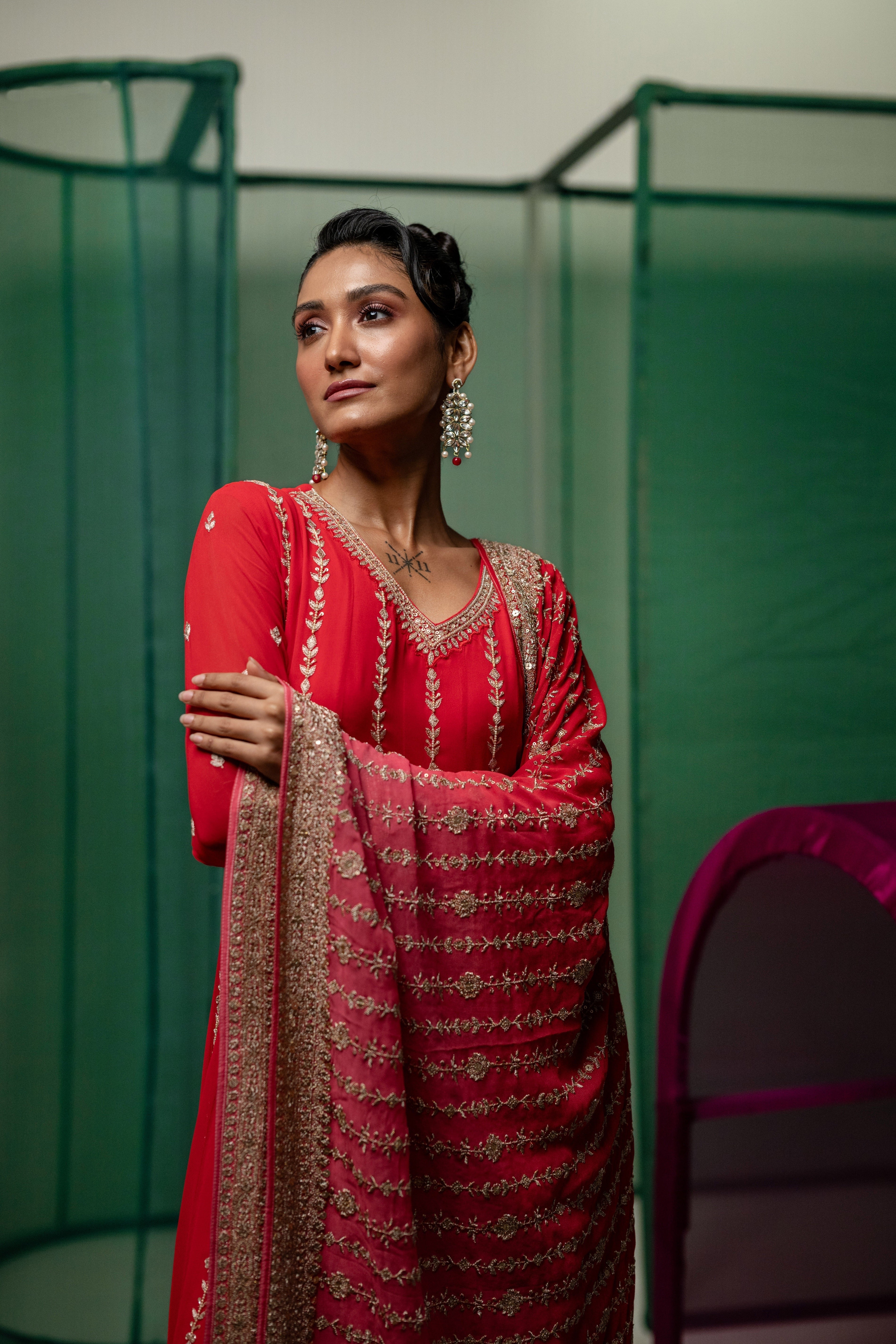 Rani Pink Embellished Chinon Silk Palazzo Set