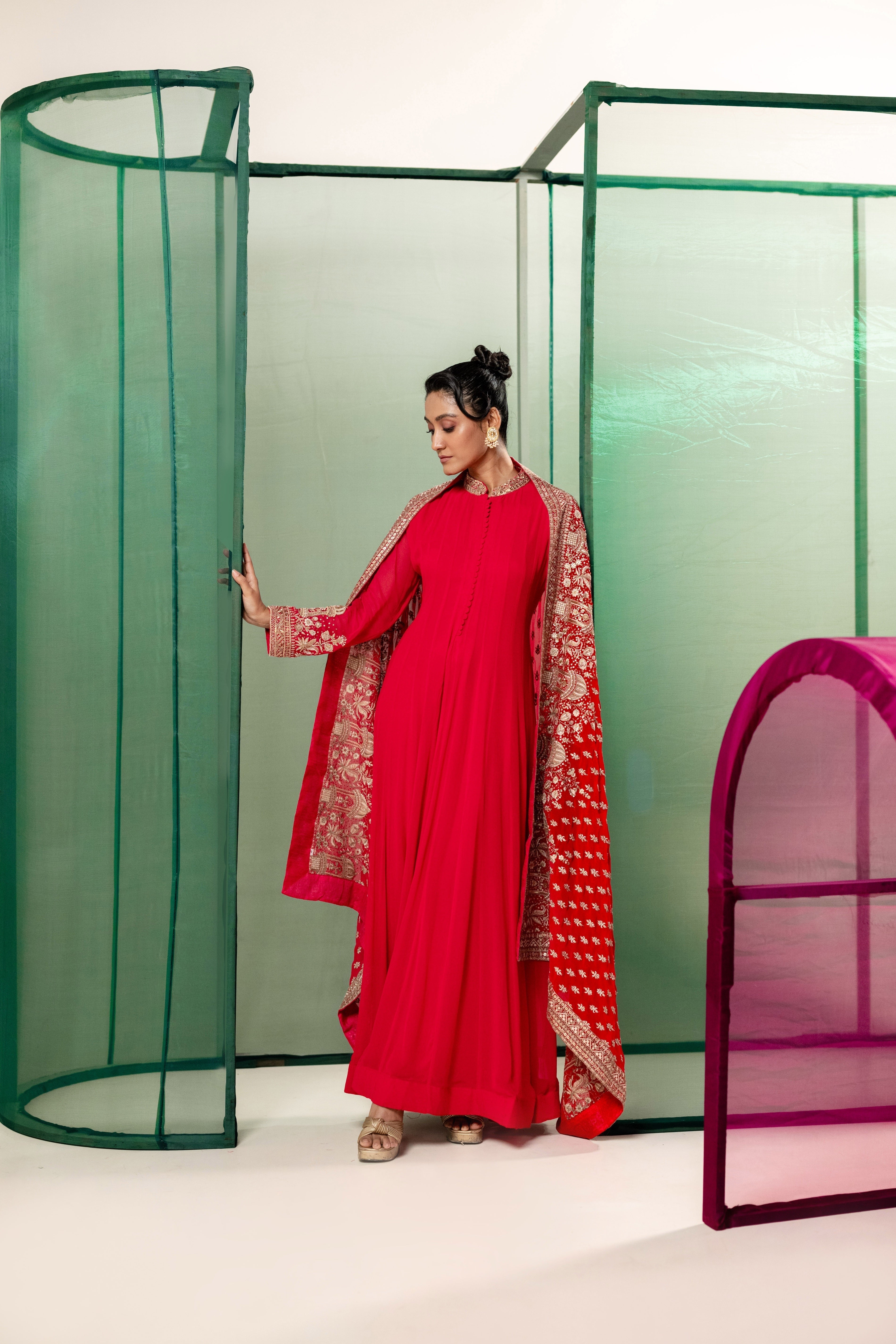 Deep Red Embellished Chinon Silk Anarkali Set