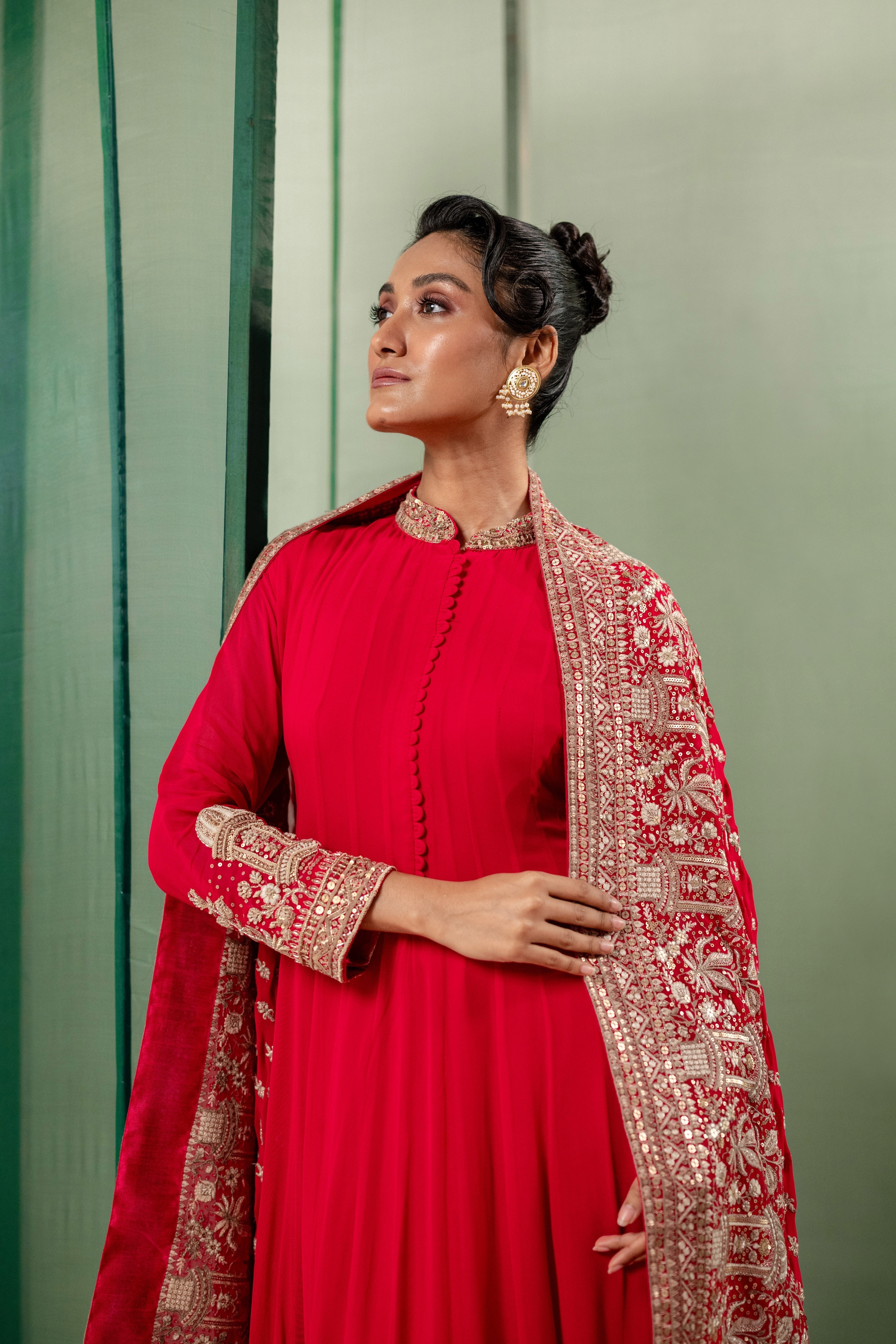 Deep Red Embellished Chinon Silk Anarkali Set
