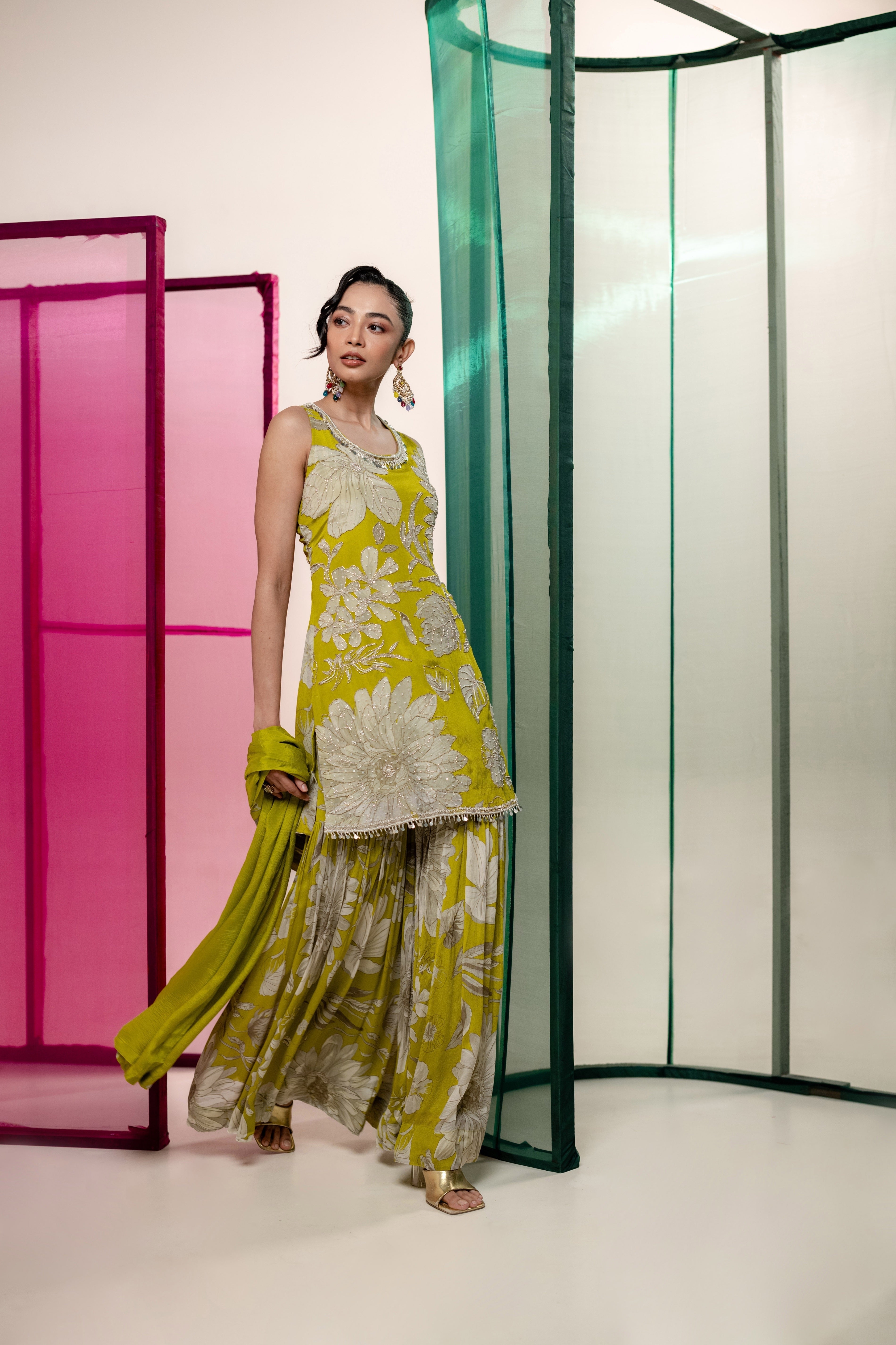 Lime Green Digital Printed Chinon Silk Sharara Set