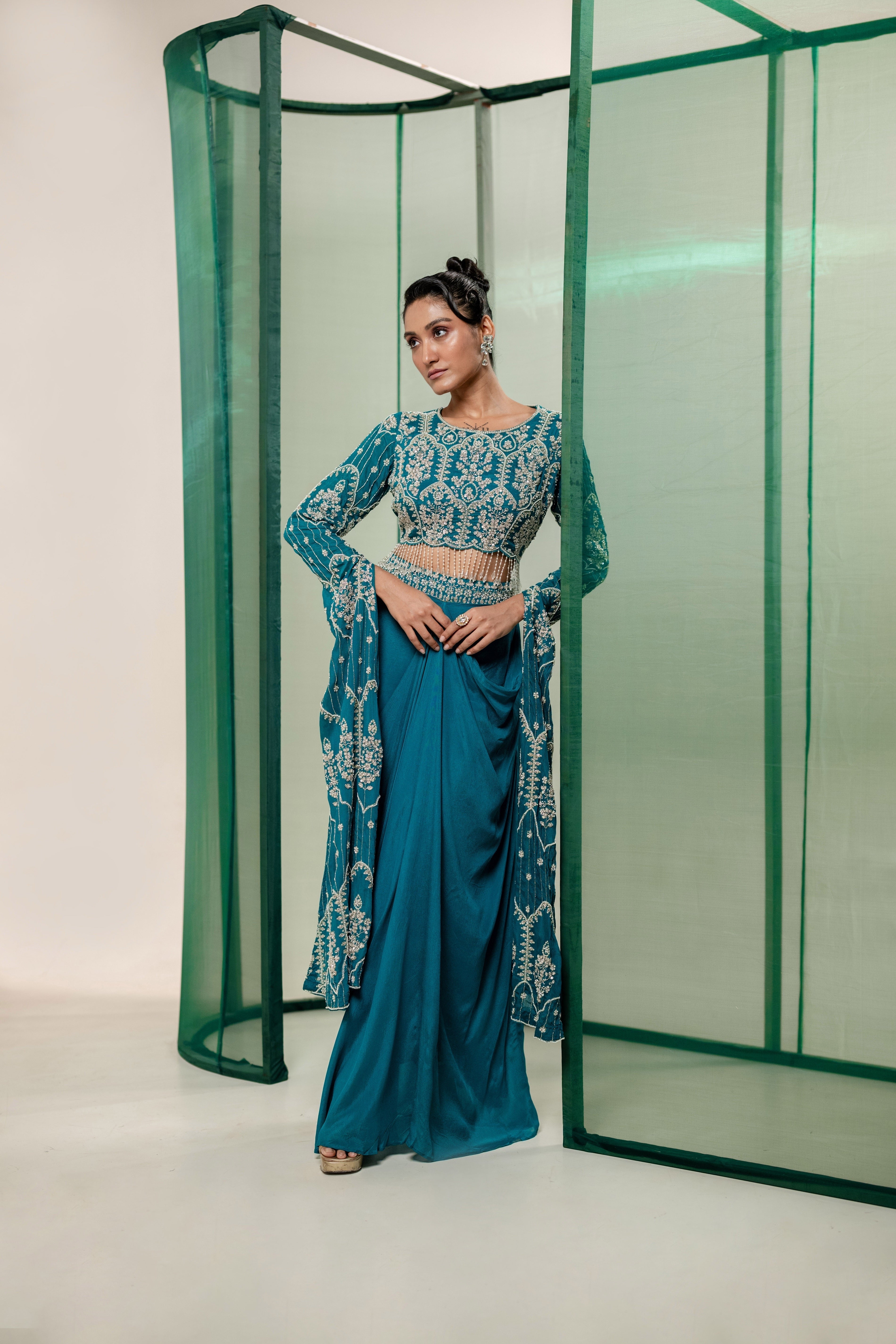 Teal Blue Embellished Chinon Silk Drape Skirt Set