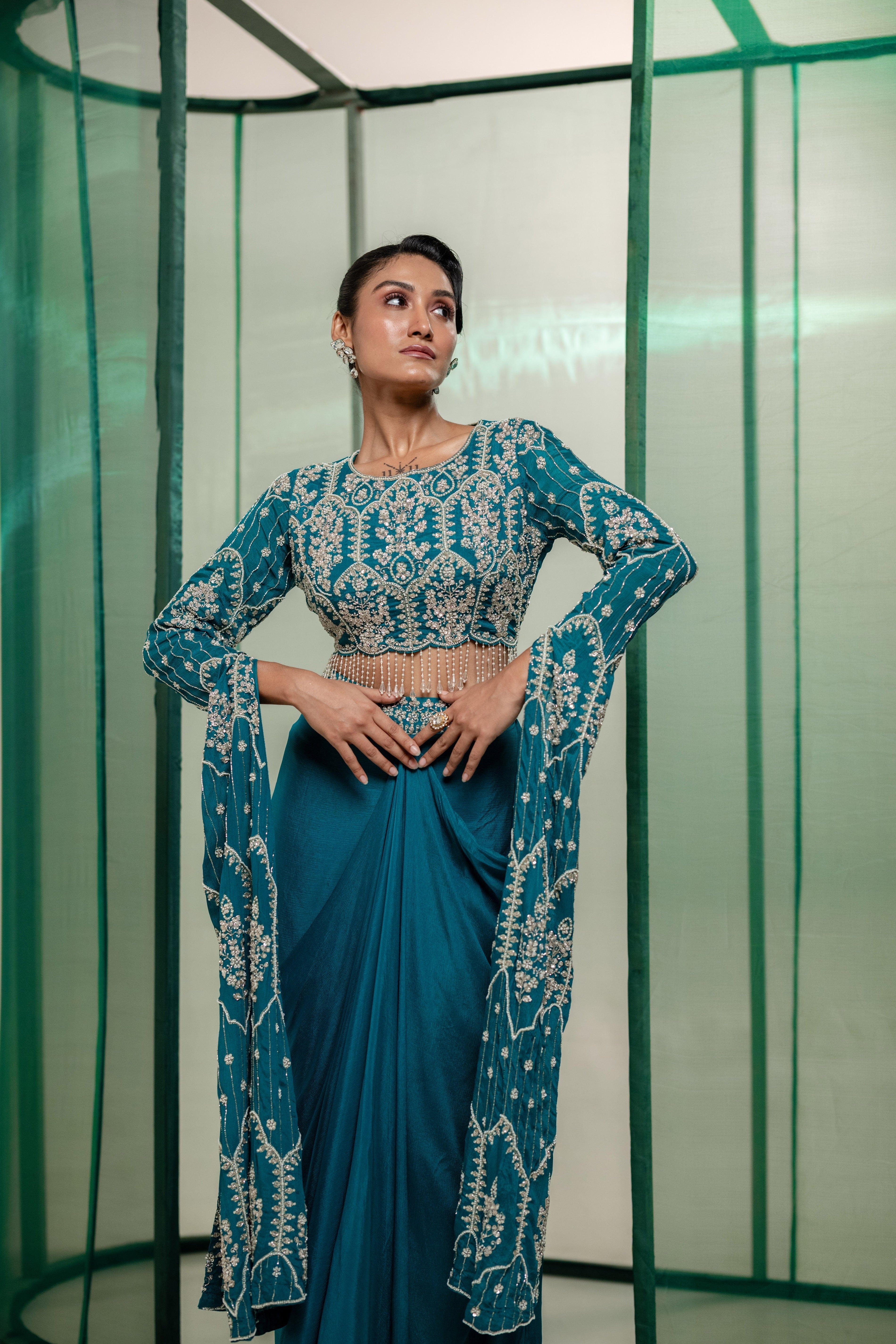 Teal Blue Embellished Chinon Silk Drape Skirt Set