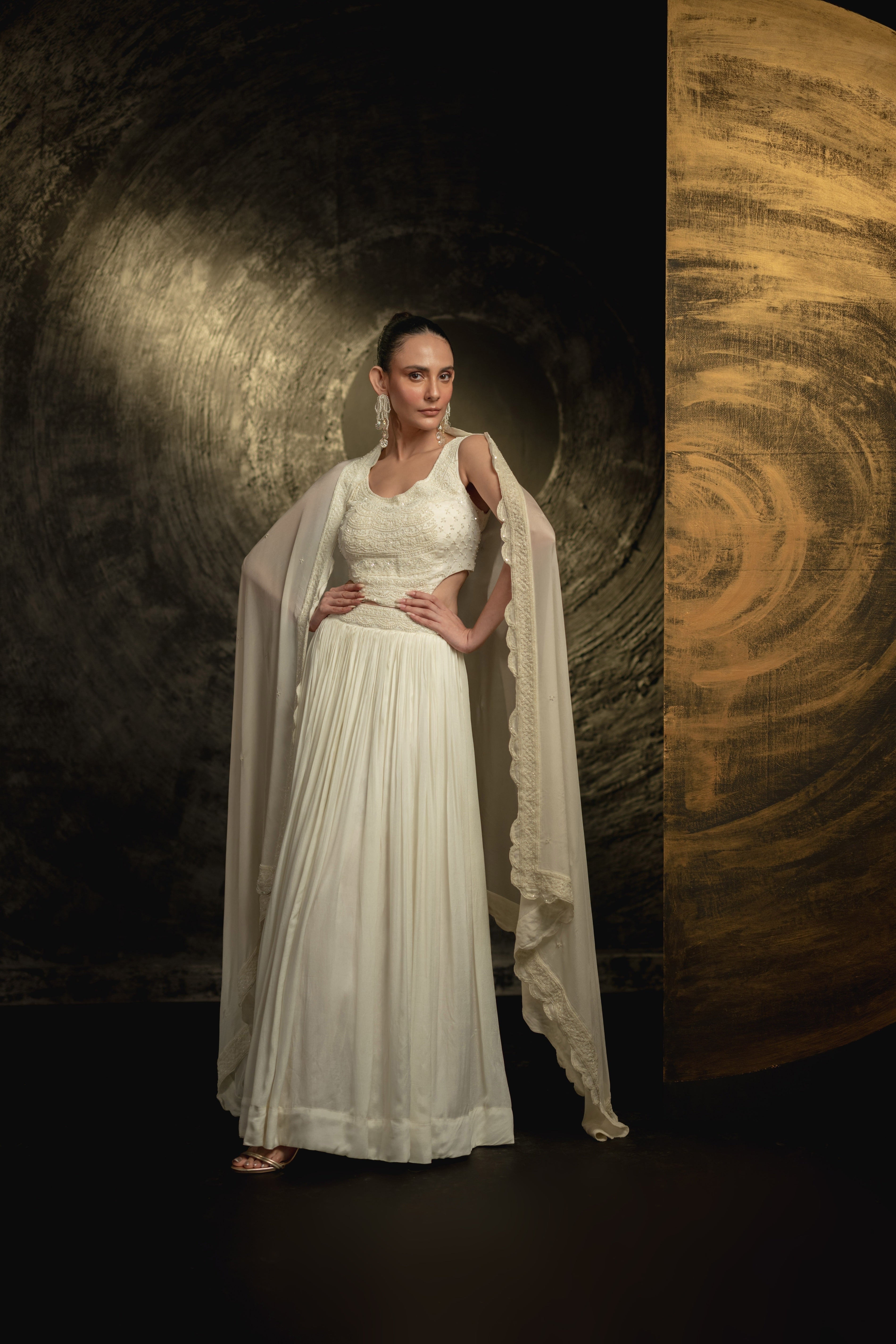 Pearl White Embellished Georgette Silk Skirt Set