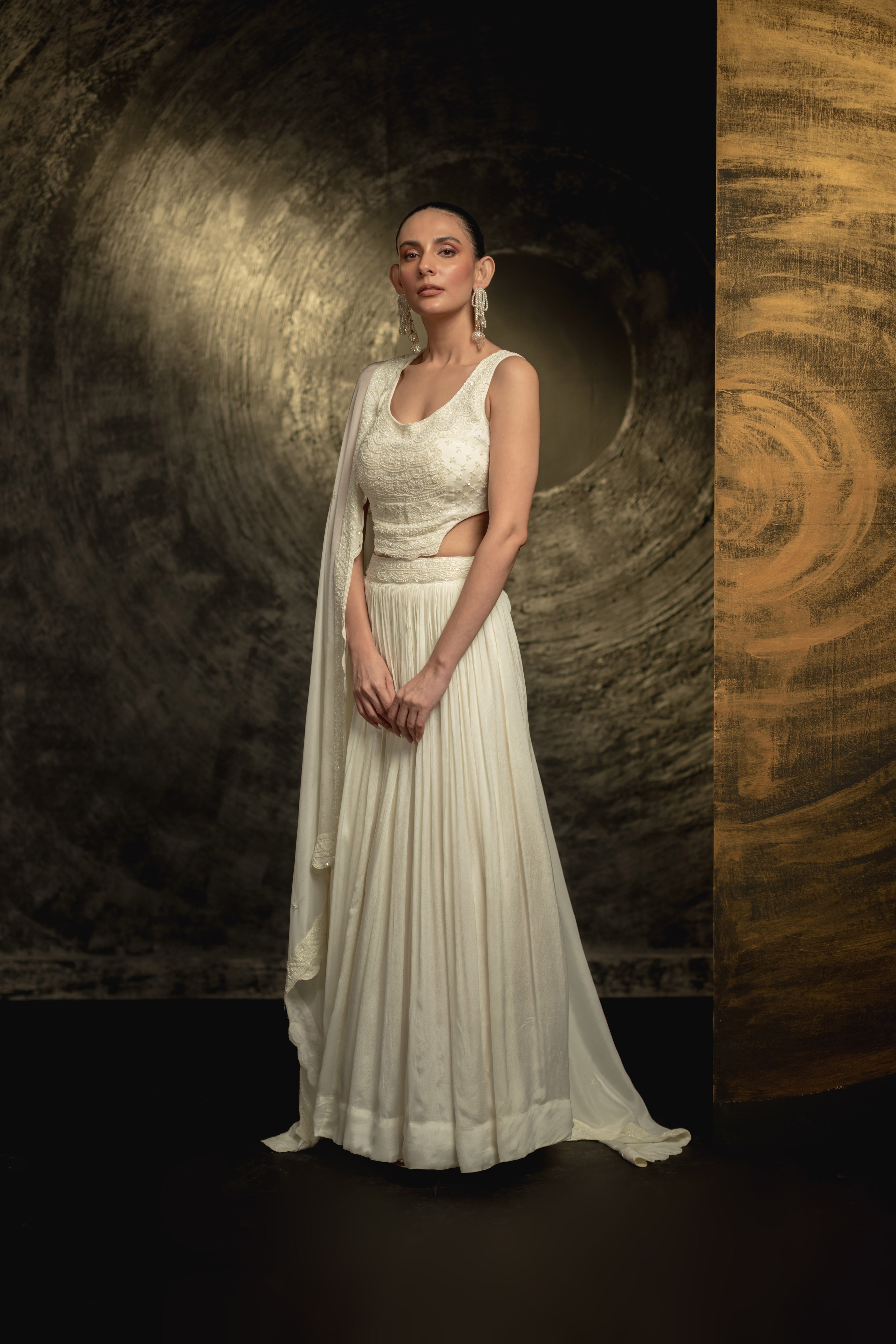 Pearl White Embellished Georgette Silk Skirt Set