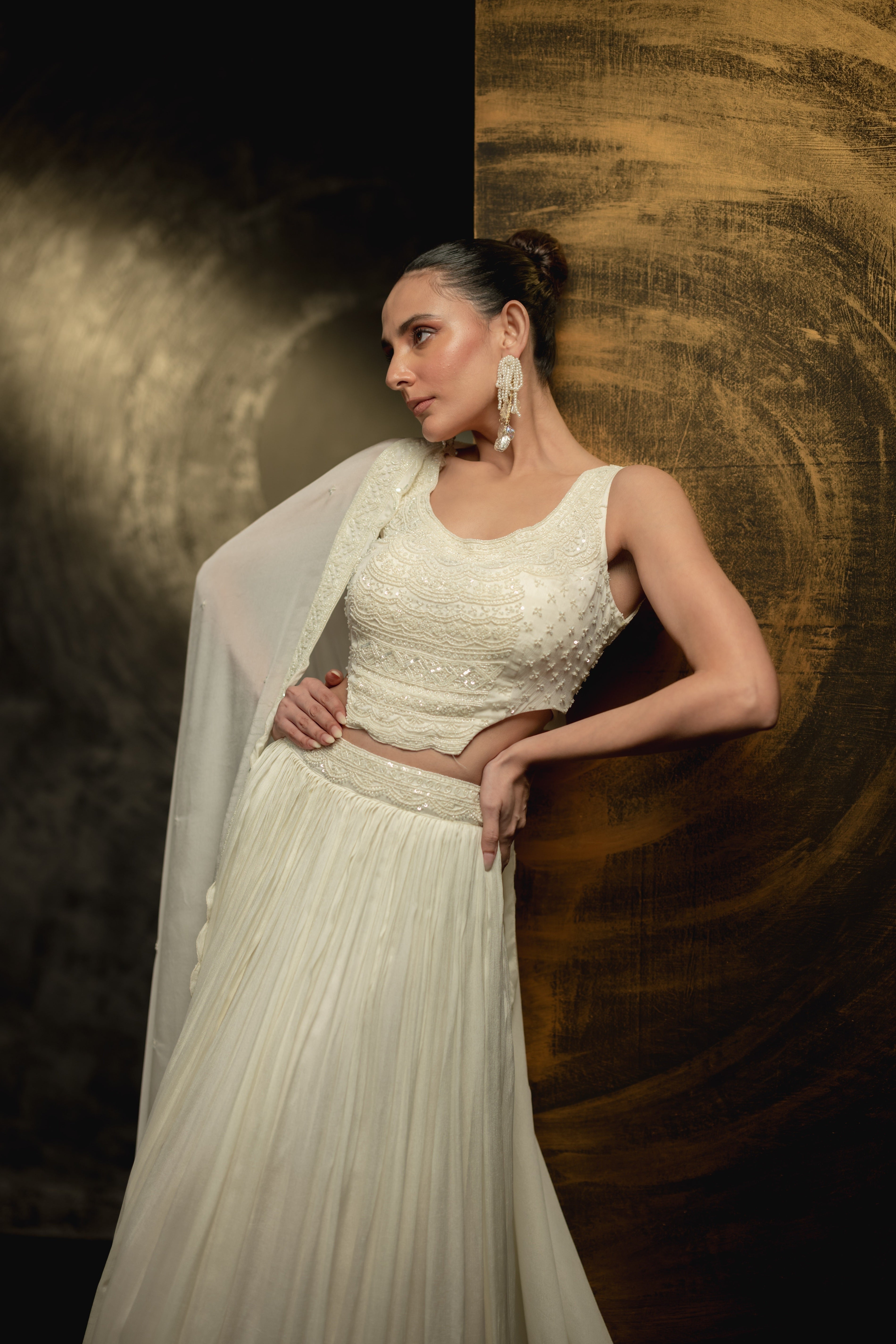 Pearl White Embellished Georgette Silk Skirt Set