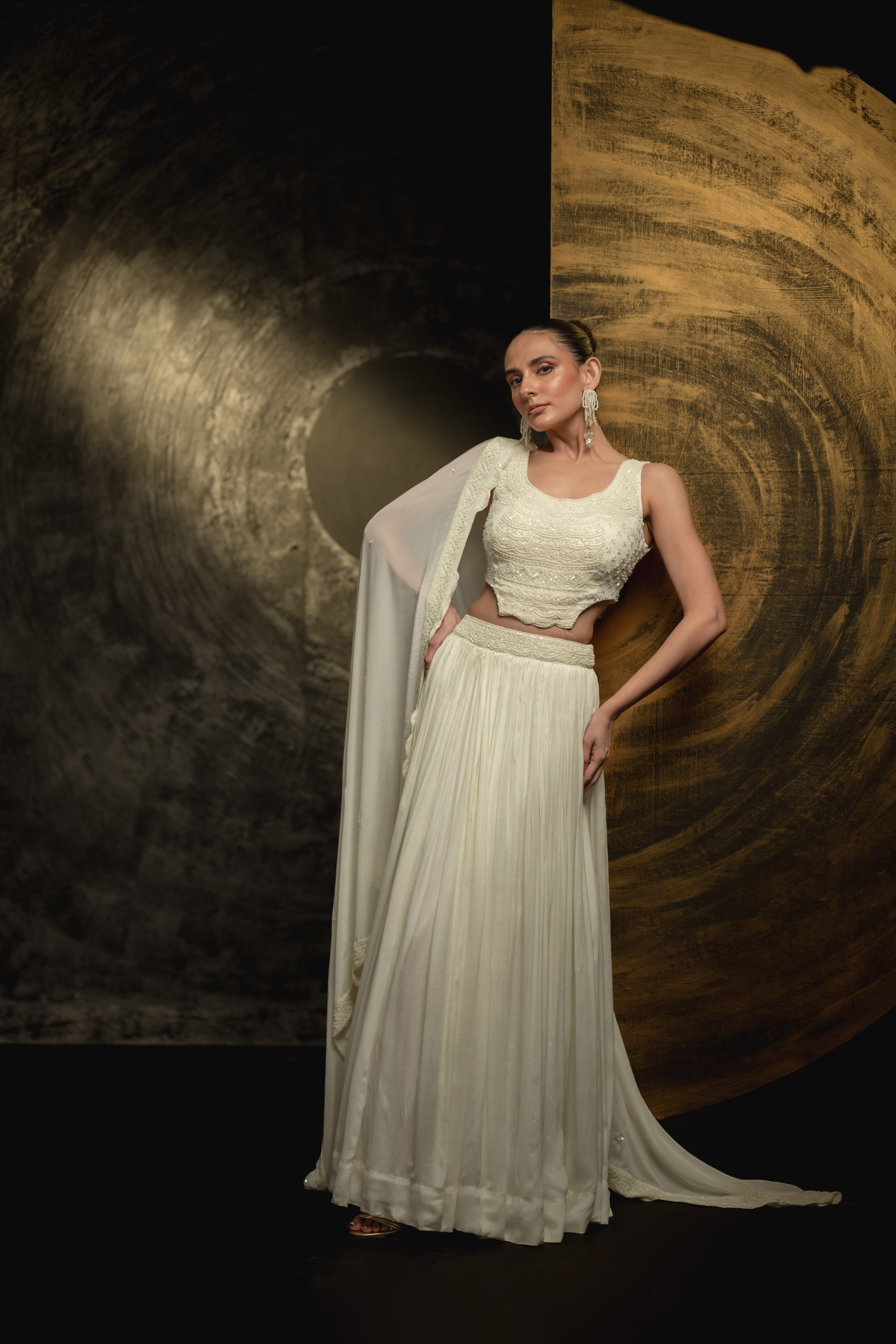 Pearl White Embellished Georgette Silk Skirt Set
