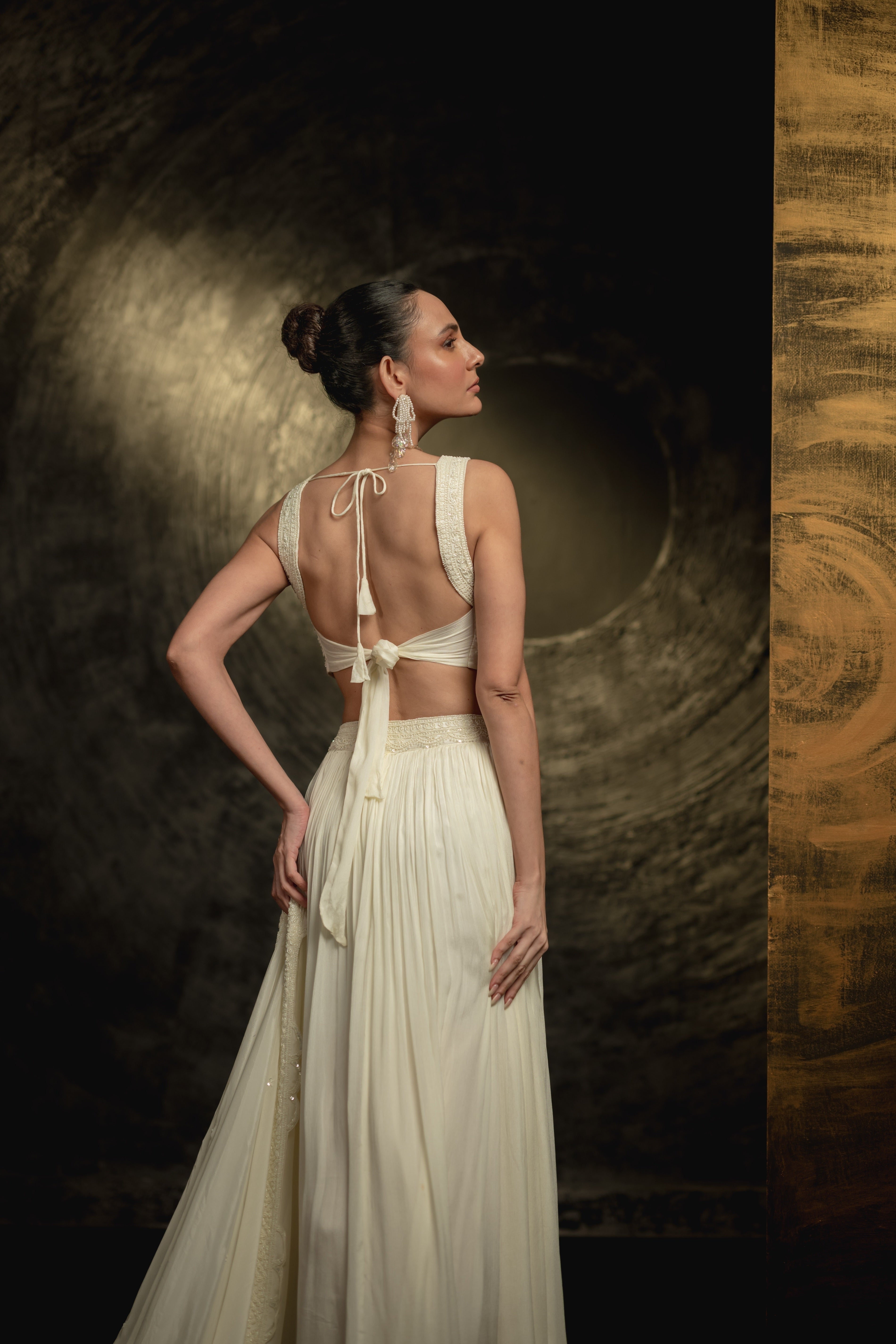 Pearl White Embellished Georgette Silk Skirt Set