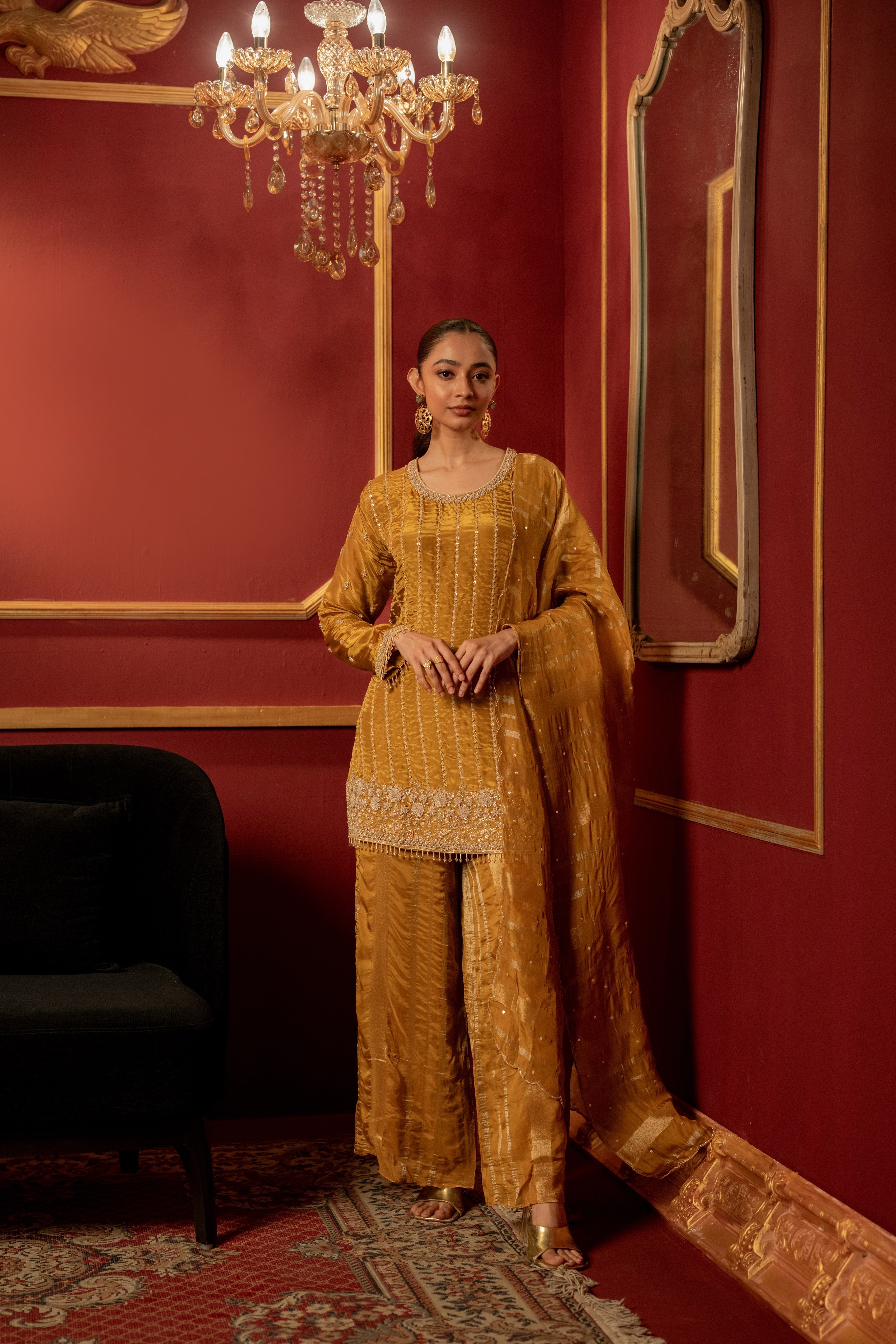 Deep Yellow Embellished Premium Silk Palazzo Set