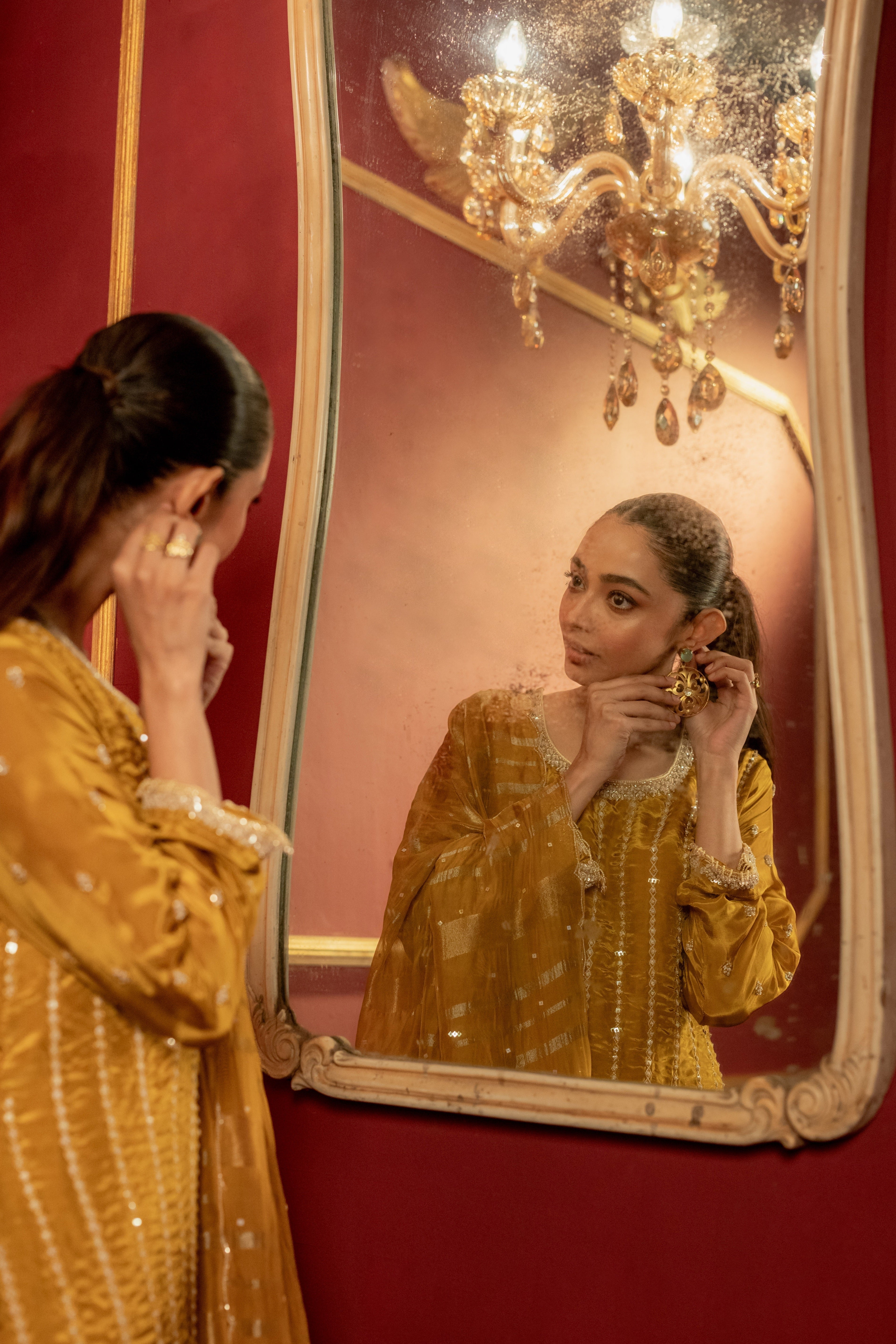 Deep Yellow Embellished Premium Silk Palazzo Set